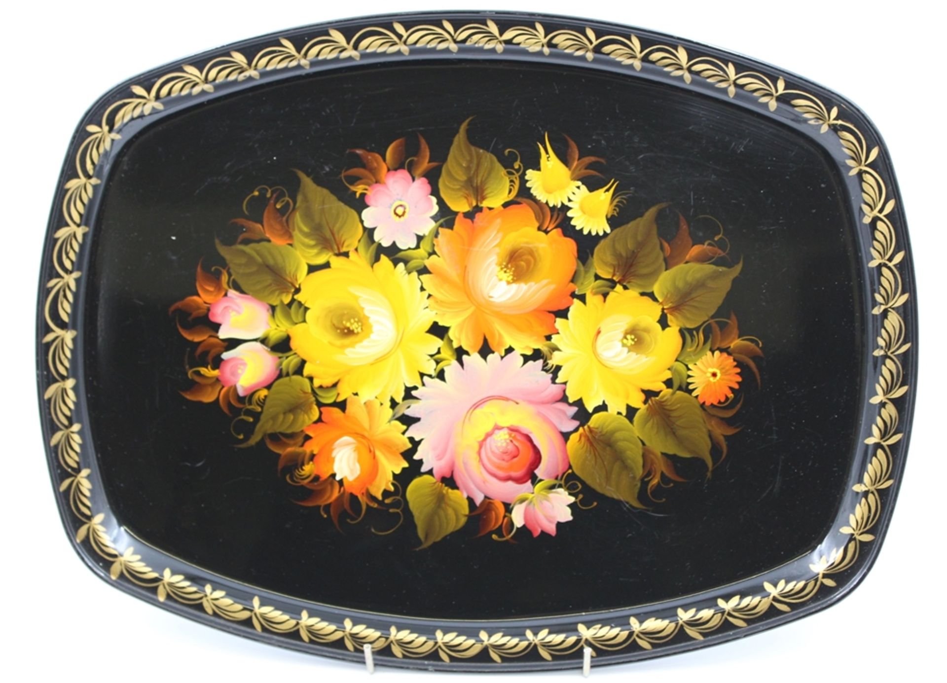 russisches Tablett, floral Bemalt, verso gemarkt, 30 x 40cm.