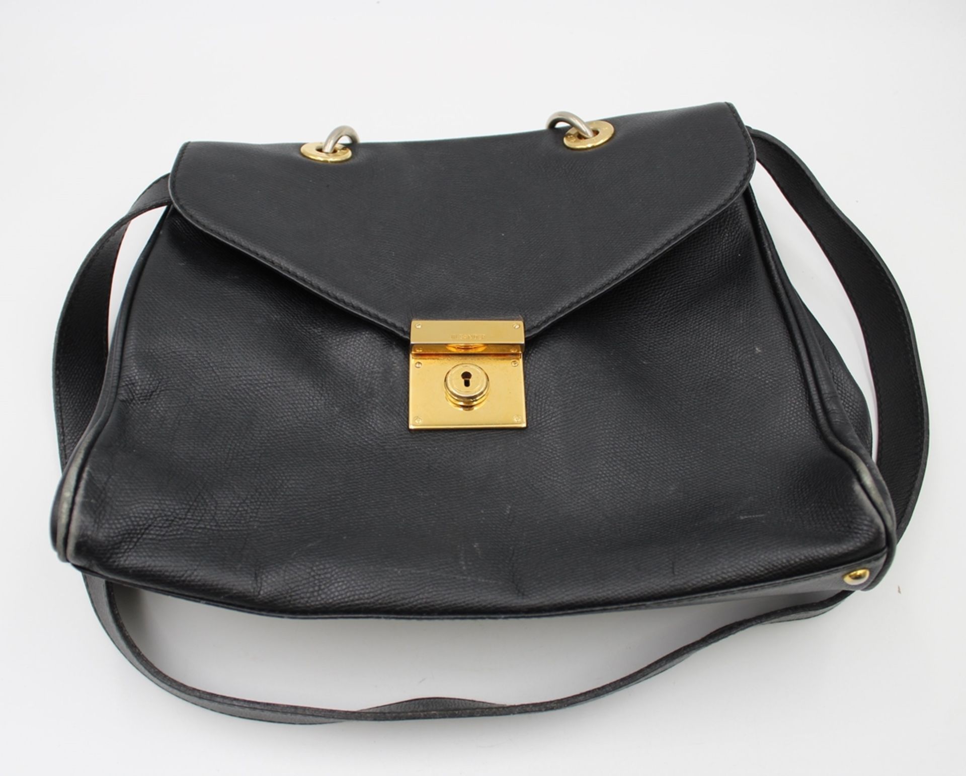 Handtasche, Jil Sander, Designklassiker, schwarzes Leder, Tragespuren, ca. 27 x 30cm. - Bild 5 aus 5