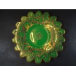 alter grüner Glasteller mit Goldmalerei, mehrfach Rand mit kl. Chips, D-24 cm