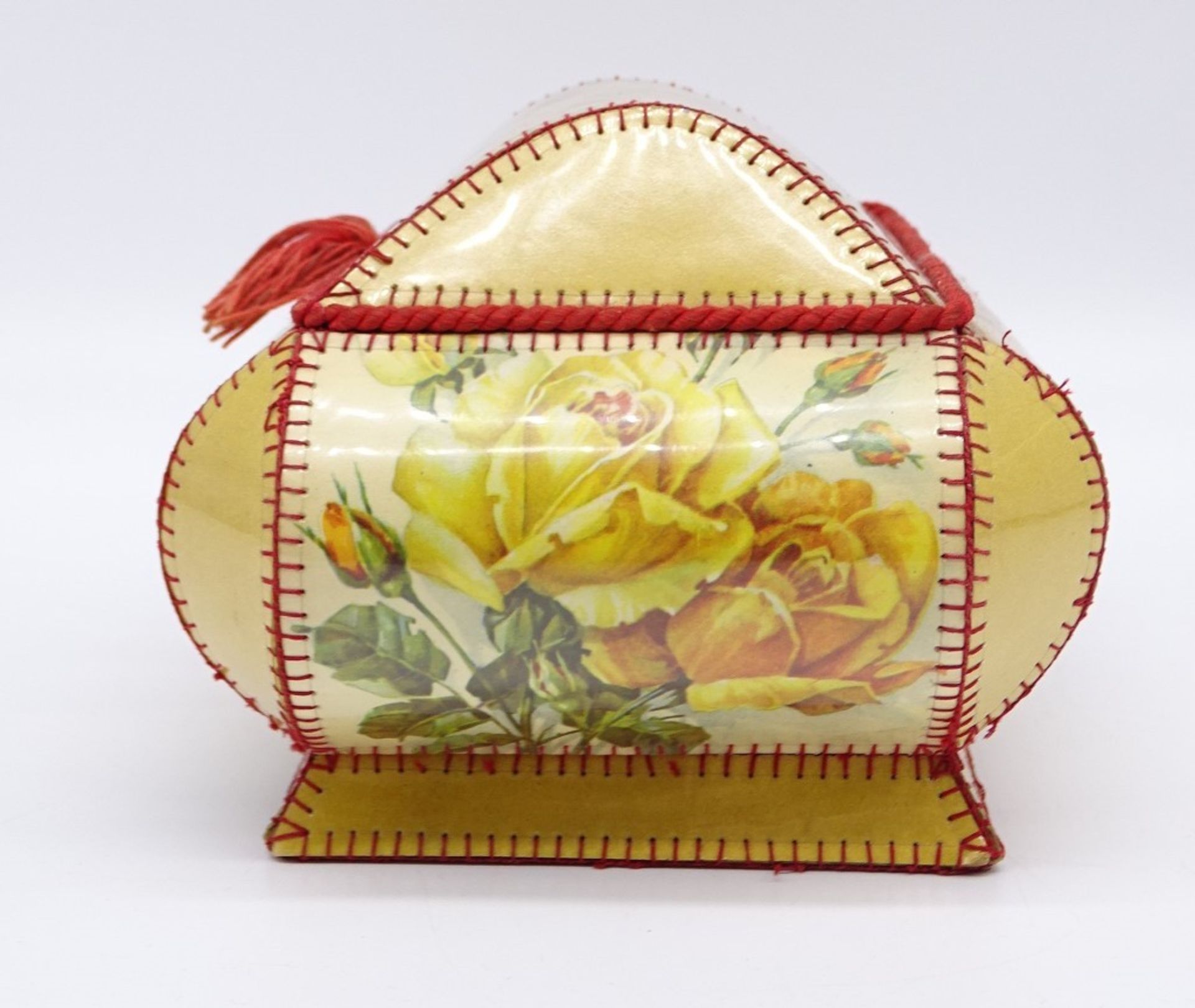 Alte Schatulle mit Rosendekor, Karton, Kunststofffolie, ca. 19 x 11 x 15 cm - Bild 3 aus 7
