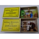 2x Seiffener Miniaturen in Streichholzschachteln, Bäckerei und Malstube