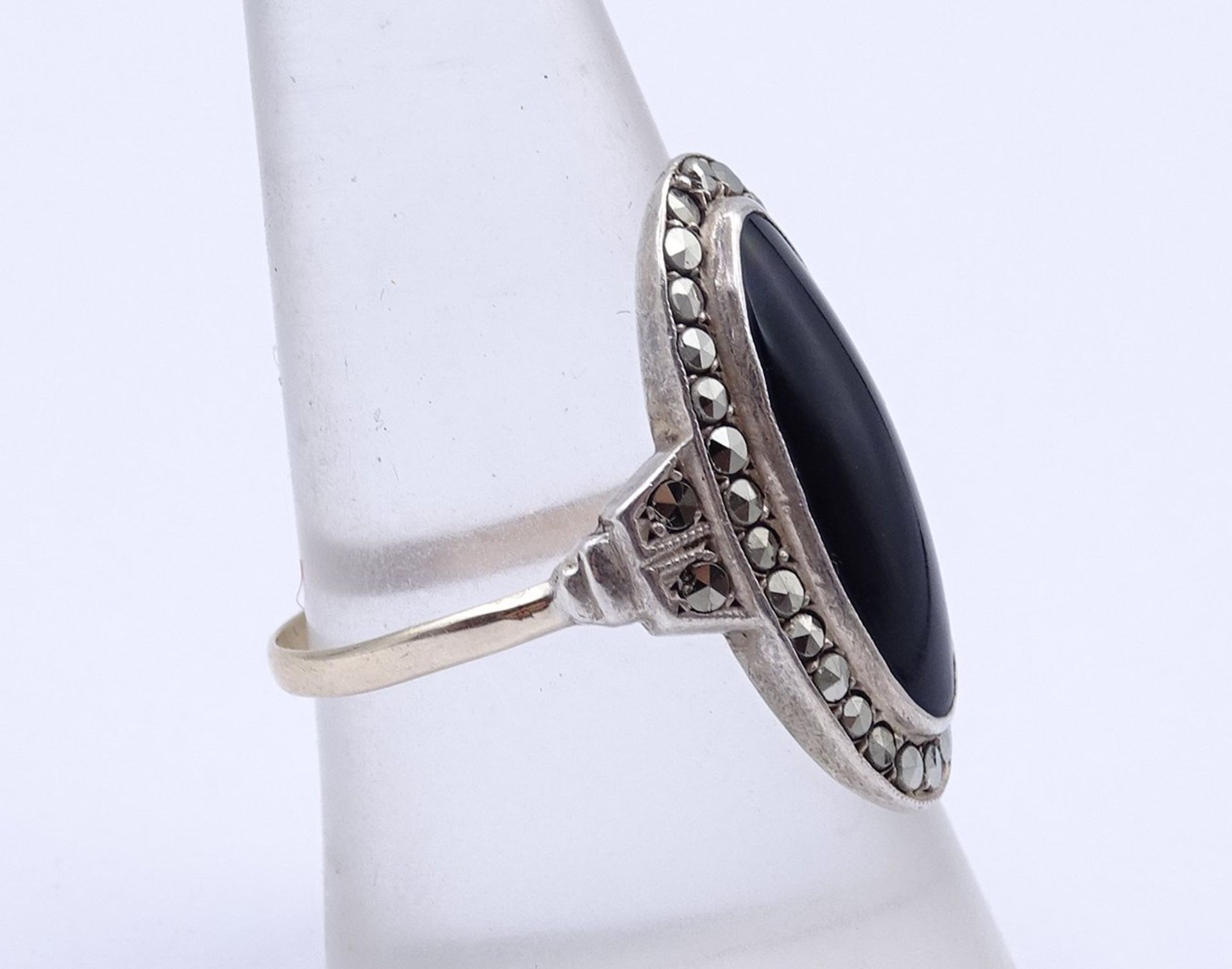 Silber+Gold Ring mit Onyx und Markasiten, Gold um 8K, 3,3g., RG 57 - Bild 2 aus 3