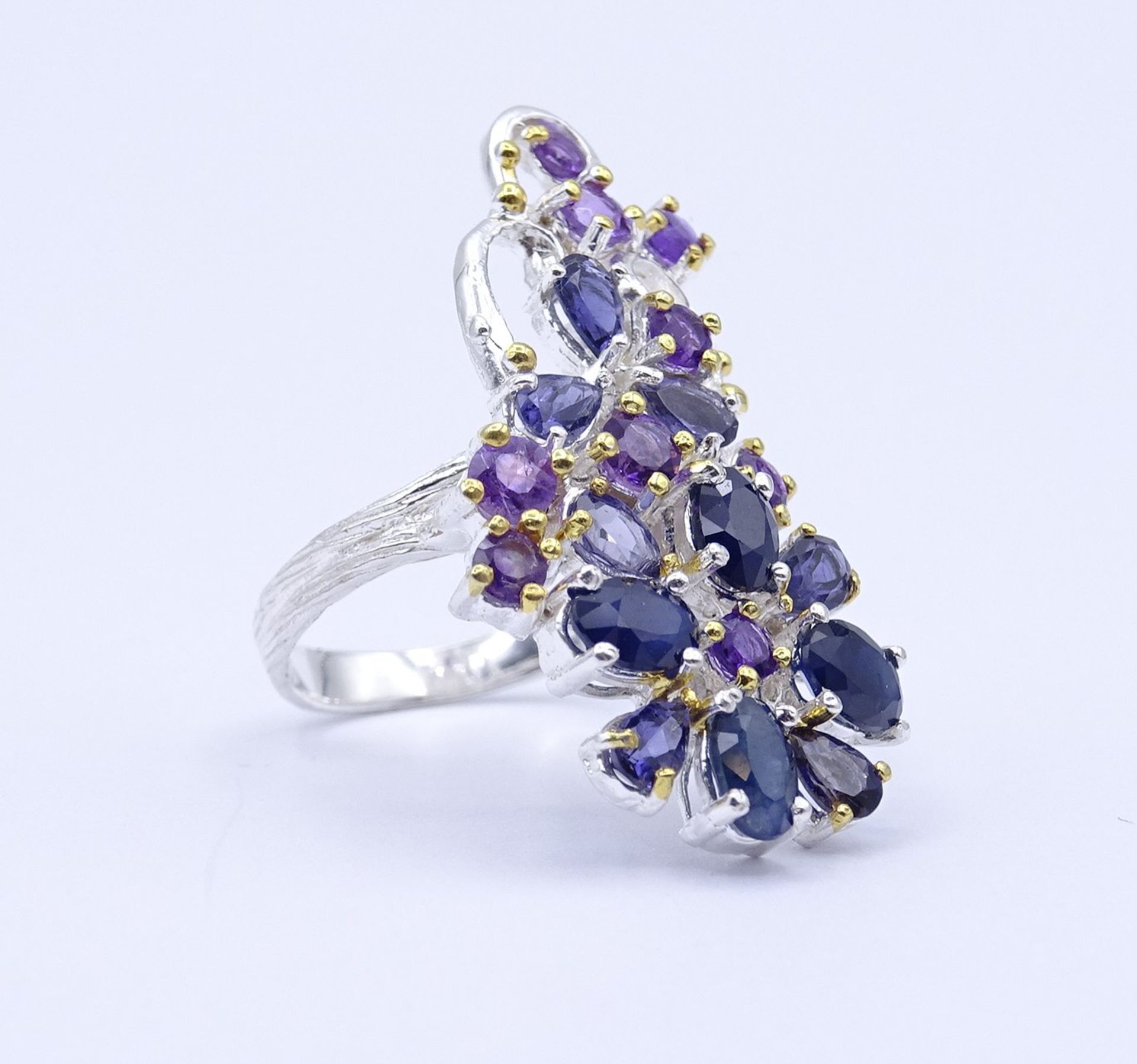 Prachtvoller Edelstein Silber Ring 0.925 mit Saphiren und Amethysten,9,8g., RG 58, Kopf 3,7x1,8cm - Bild 2 aus 3