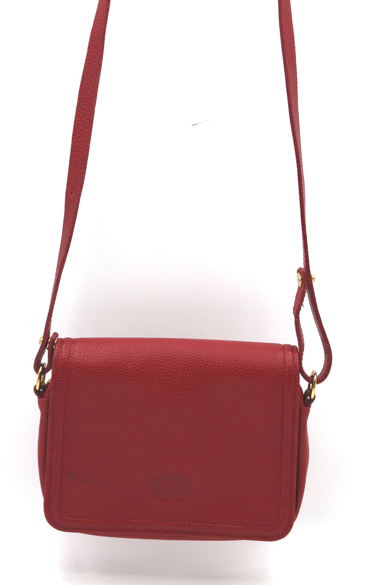 kl. Handtasche, rotes Leder, Longchamp, leichte Tragespuren, ca. 13 x 17cm.