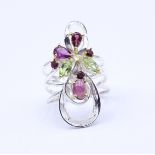 Edelstein Ring mit Peridots,Amethyste und Rhodolithe,Sterling Silber 0.925, 6,6g., RG 56, Kopf 3,2x