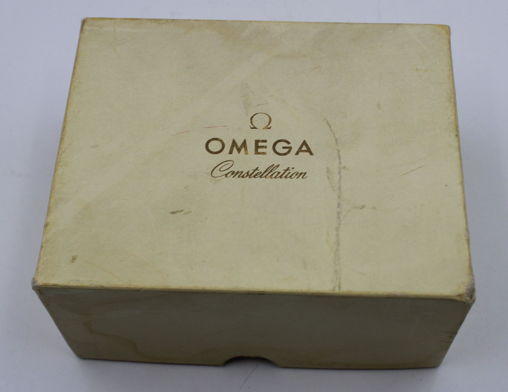 Uhrenbox mit Papieren, OMEGA Constellation, Umkarton mit Alters-u. Gebrauchsspuren