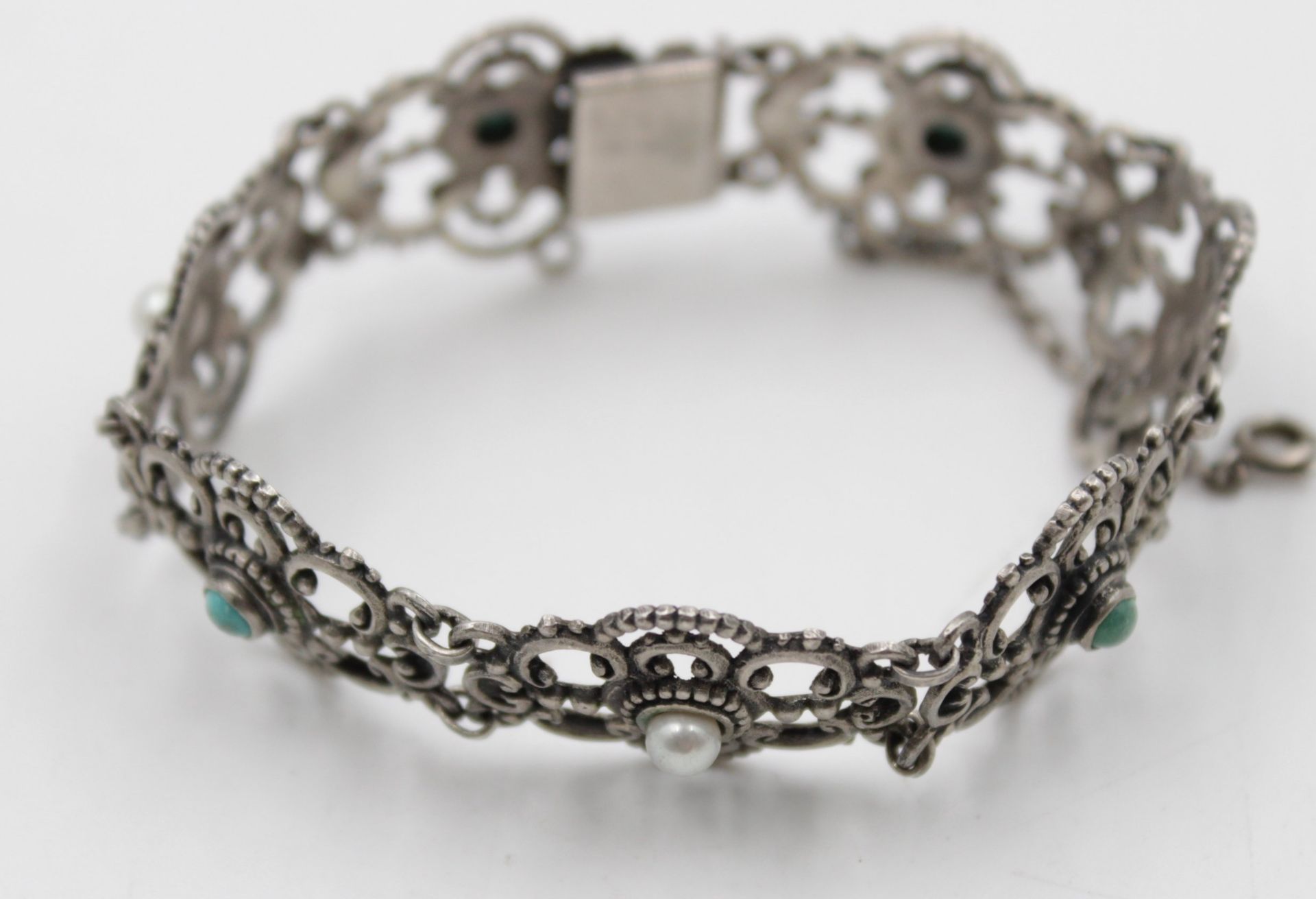 835er Silber-Armband, Türkise und Perlen, älter, 21,3gr., ca. L-18,5cm. 0 - Bild 5 aus 5