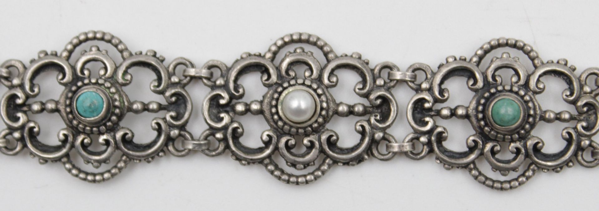 835er Silber-Armband, Türkise und Perlen, älter, 21,3gr., ca. L-18,5cm. 0 - Bild 2 aus 5