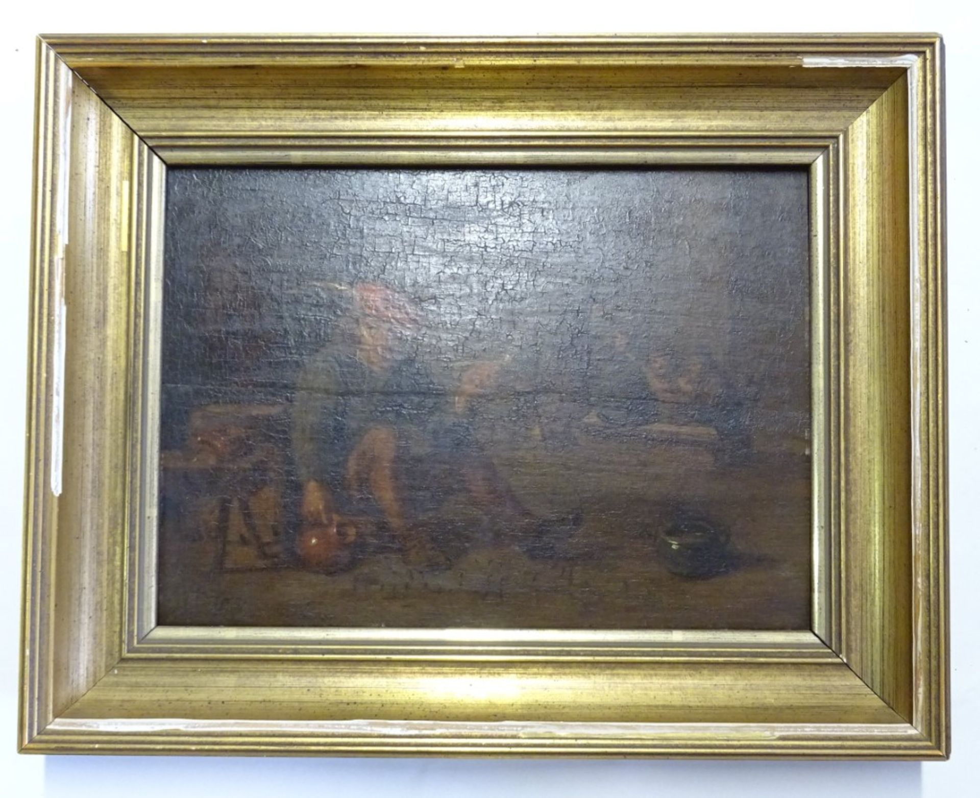 Ölgemälde, unsigniert, Schänke, gerahmt, RG 35,5 x 28 cm, Leinwand reinigungsbedürftig, rissig, Rah - Image 4 of 6