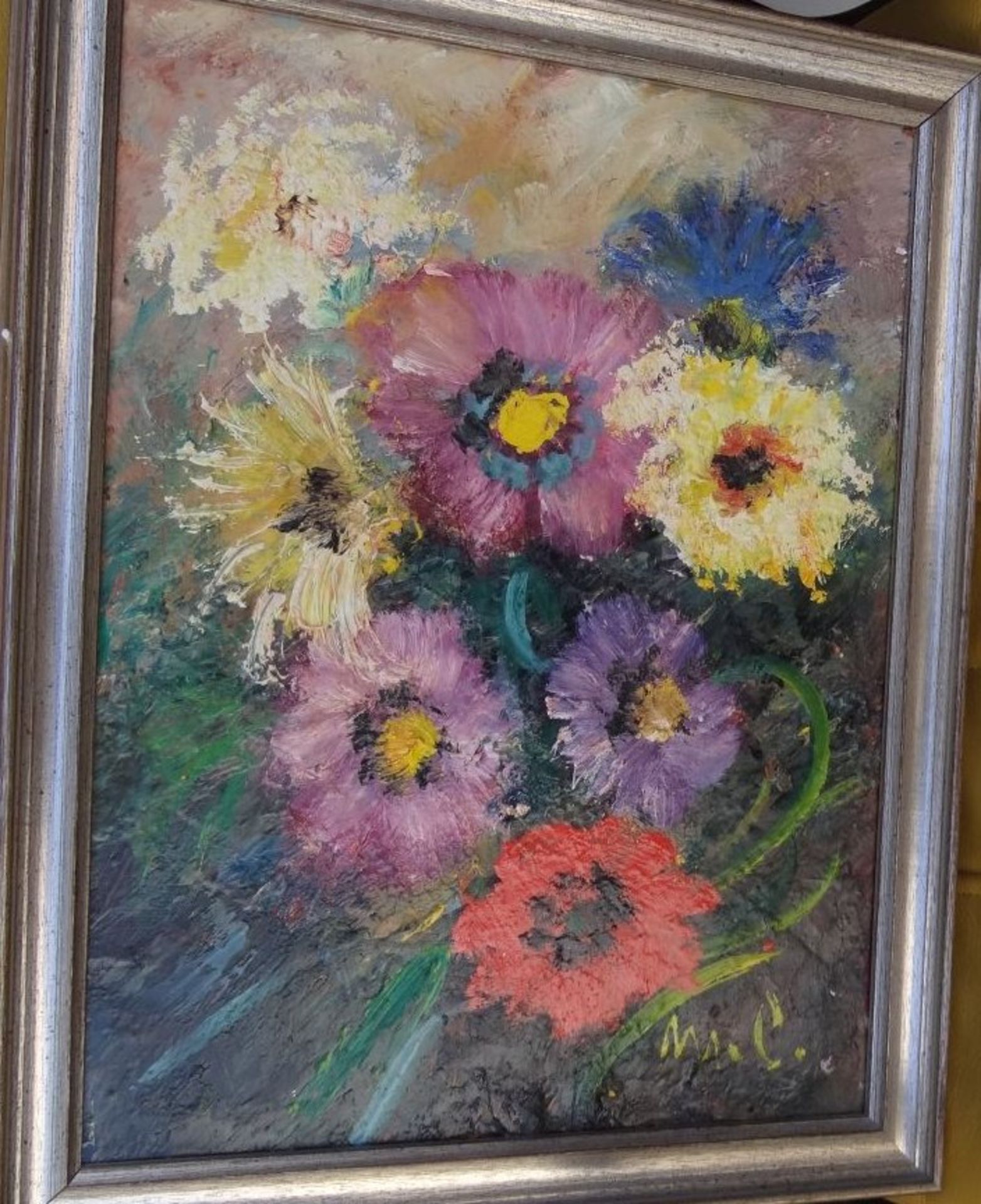 unleserl. sign. Blumenstilleben", Öl/Malfaser, gerahmt, RG 47x37 cm