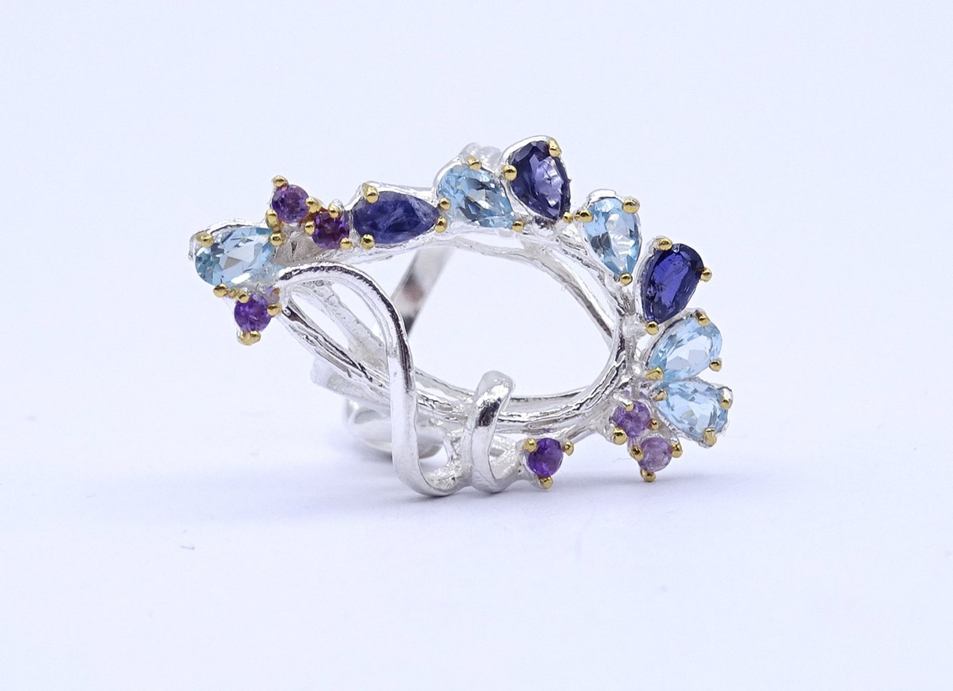 Edelstein Silber Ring 0.925 mit Topase,Amethyste und Iolite, 7,2g., RG 55, Kopf 3,4x2,1cm