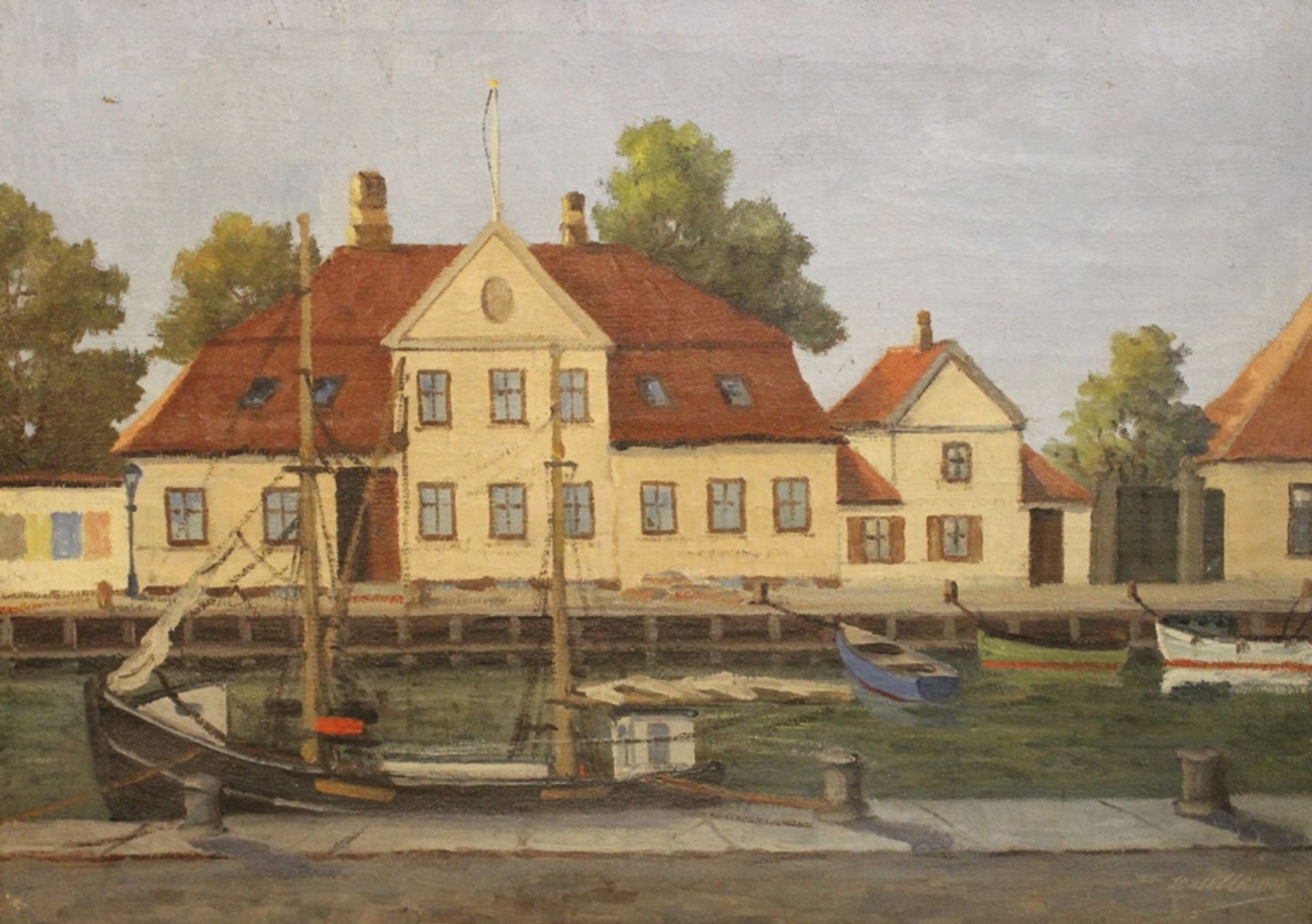 Louis Clasen o.ä. , Hafenszene, wohl Dänemark, Öl/Leinwand, gerahmt, RG 67 x 93cm.