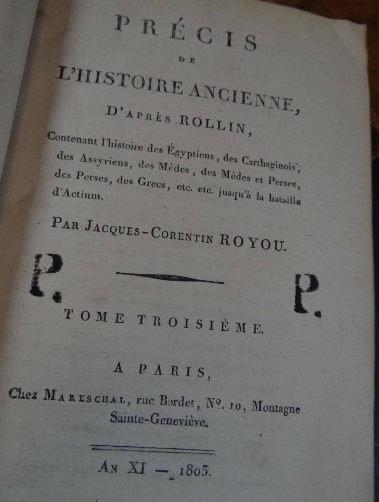 3 Bände "Prècis de L'Historire Ancienne" 1805, Ledereinbände, Gebrauchsspuren, Bd. 2-3-4, französis - Image 6 of 10