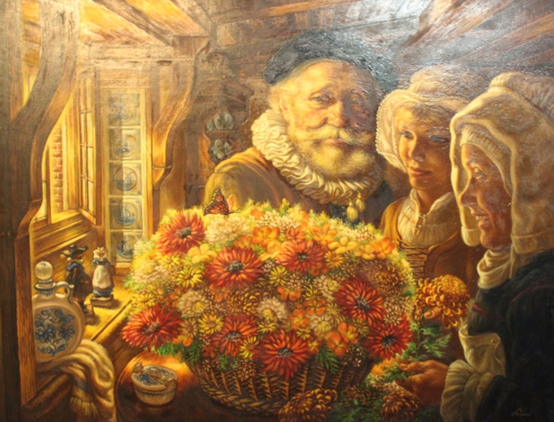 Dan, Personen mit Blumenkorb, Öl/Hartfaser, wohl Niederlande, 79 x 104cm.