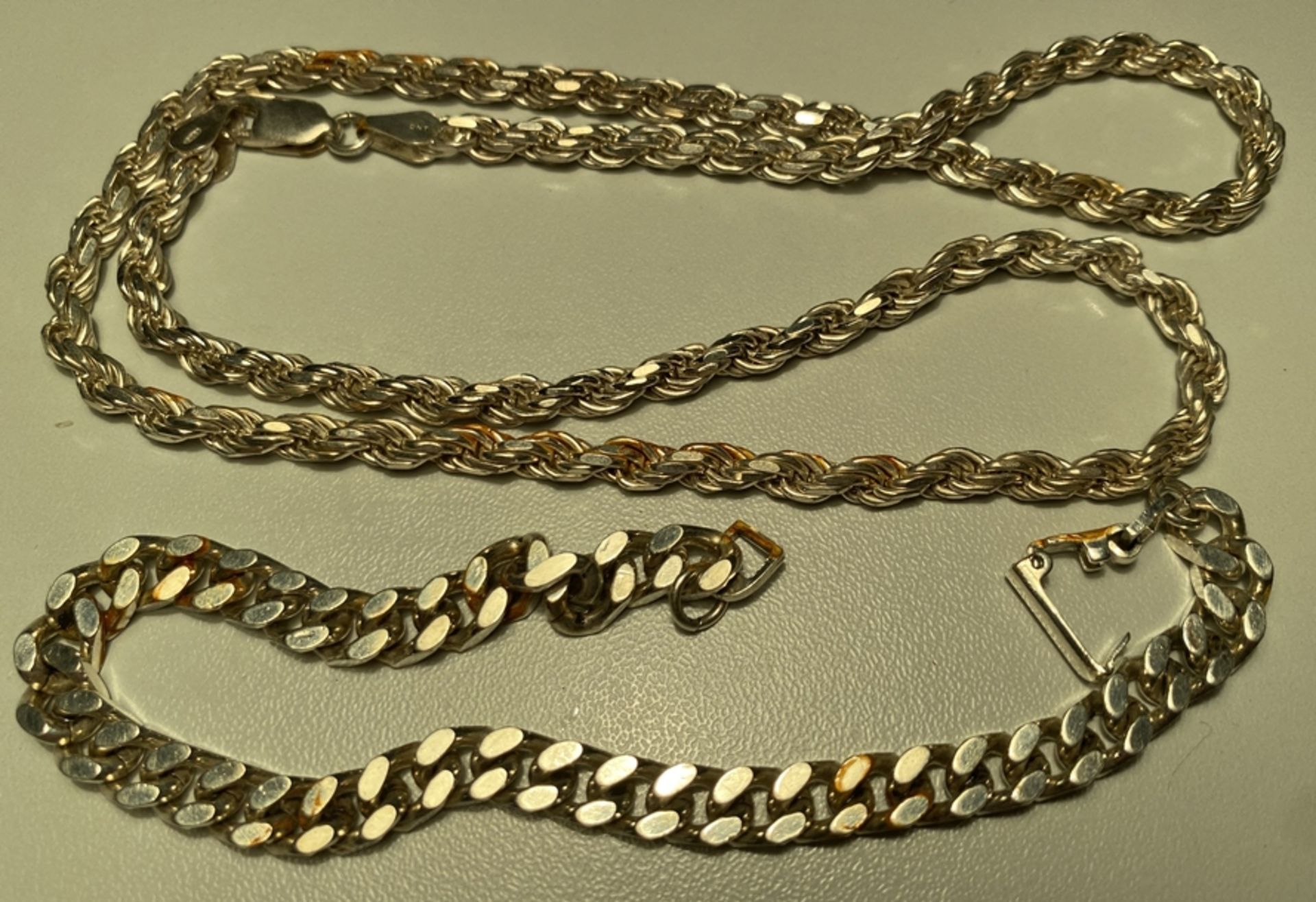 Silber-Set-Halskette und Armkette, -800-, Italy, 40,4 gr. zusammen, L-48 und 20 cm, ungeputzt