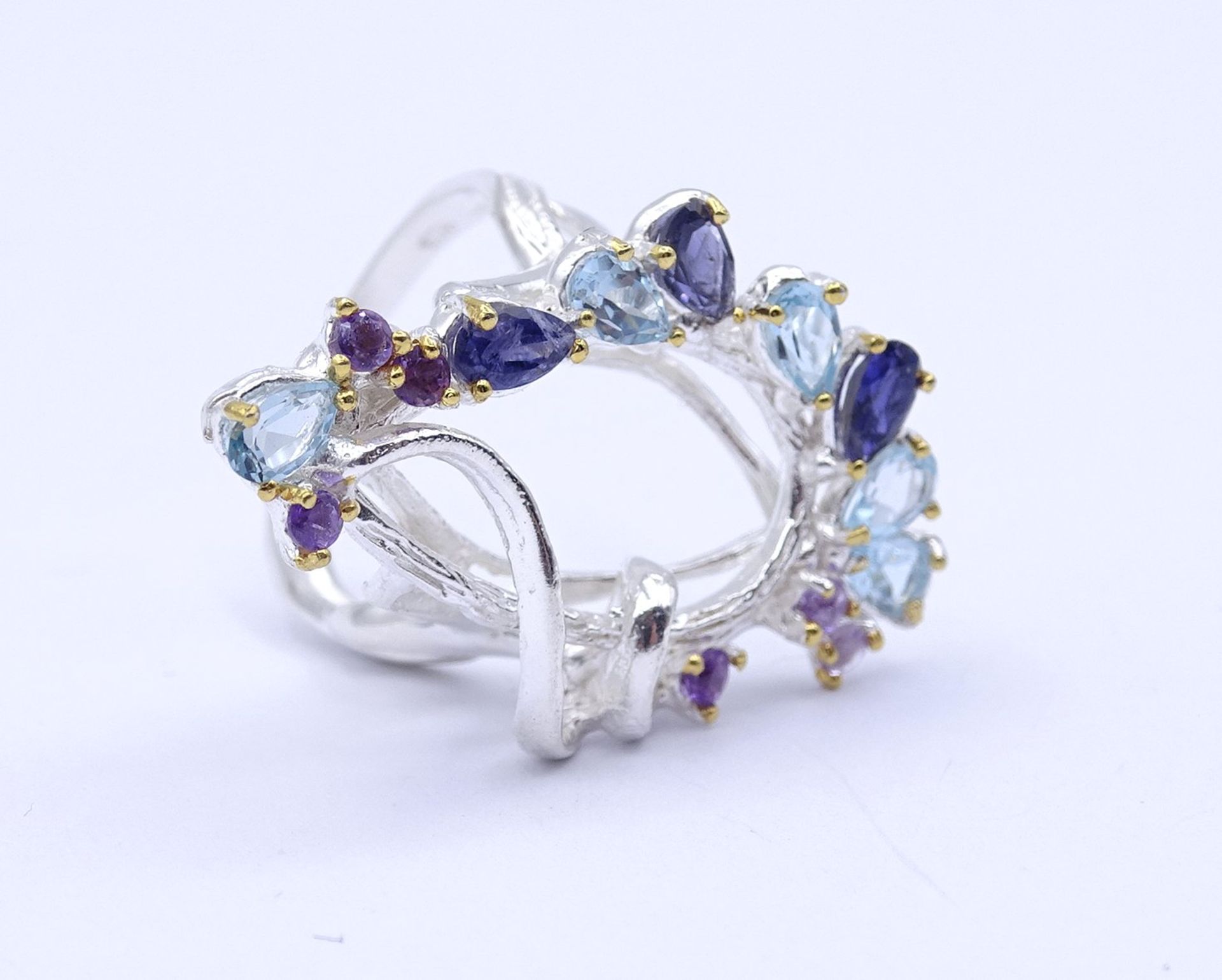 Edelstein Silber Ring 0.925 mit Topase,Amethyste und Iolite, 7,2g., RG 55, Kopf 3,4x2,1cm - Image 2 of 4