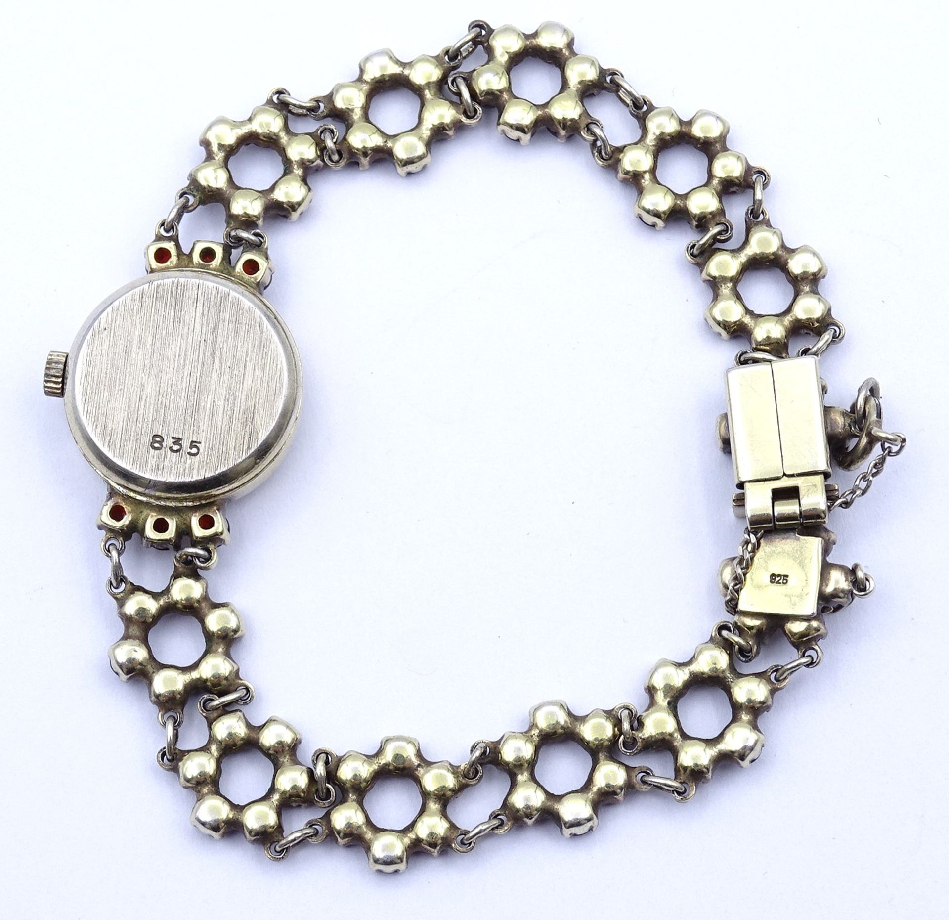 Damen Armbanduhr Arfena, Granat besatz, Vollsilber 0.925- vergoldet, Quartzwerk, D. 18mm, 18,6g. - Bild 3 aus 3