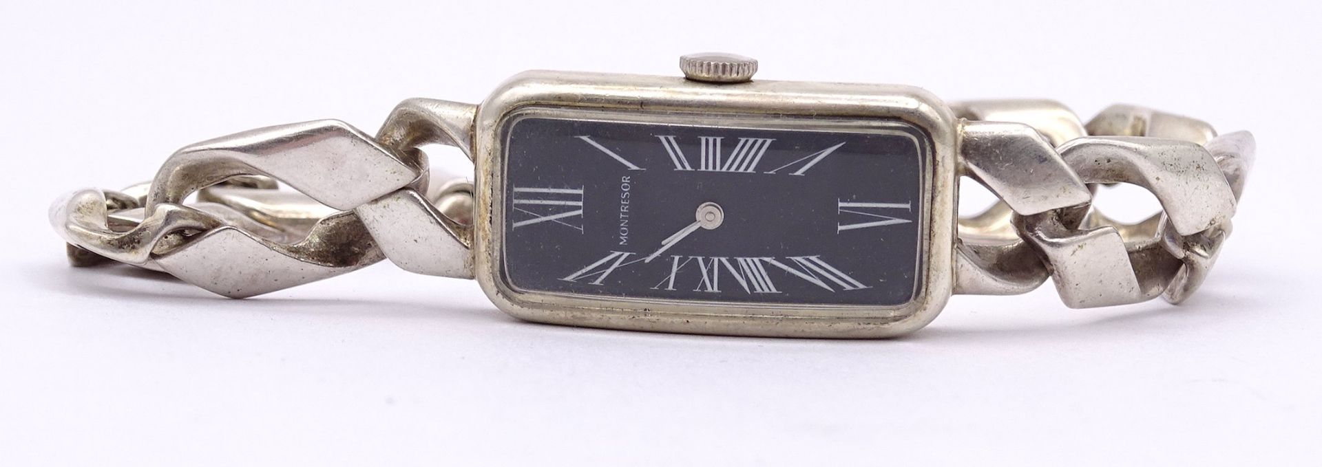 Damen Armbanduhr Montresor, Vollsilber 835 / 925, mechanisch, Werk läuft, Gehäuse 15x30mm, ges. Gew