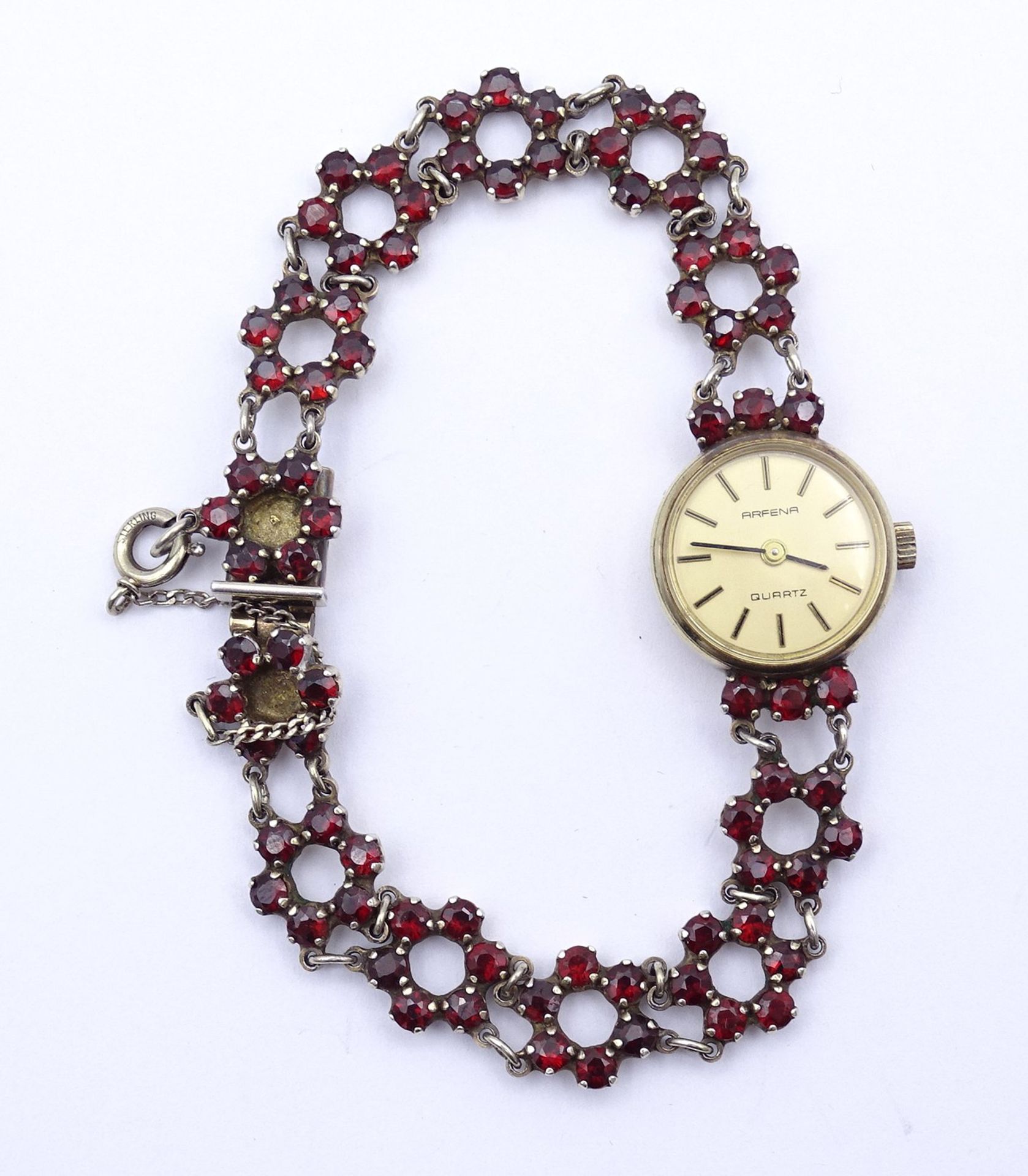 Damen Armbanduhr Arfena, Granat besatz, Vollsilber 0.925- vergoldet, Quartzwerk, D. 18mm, 18,6g.