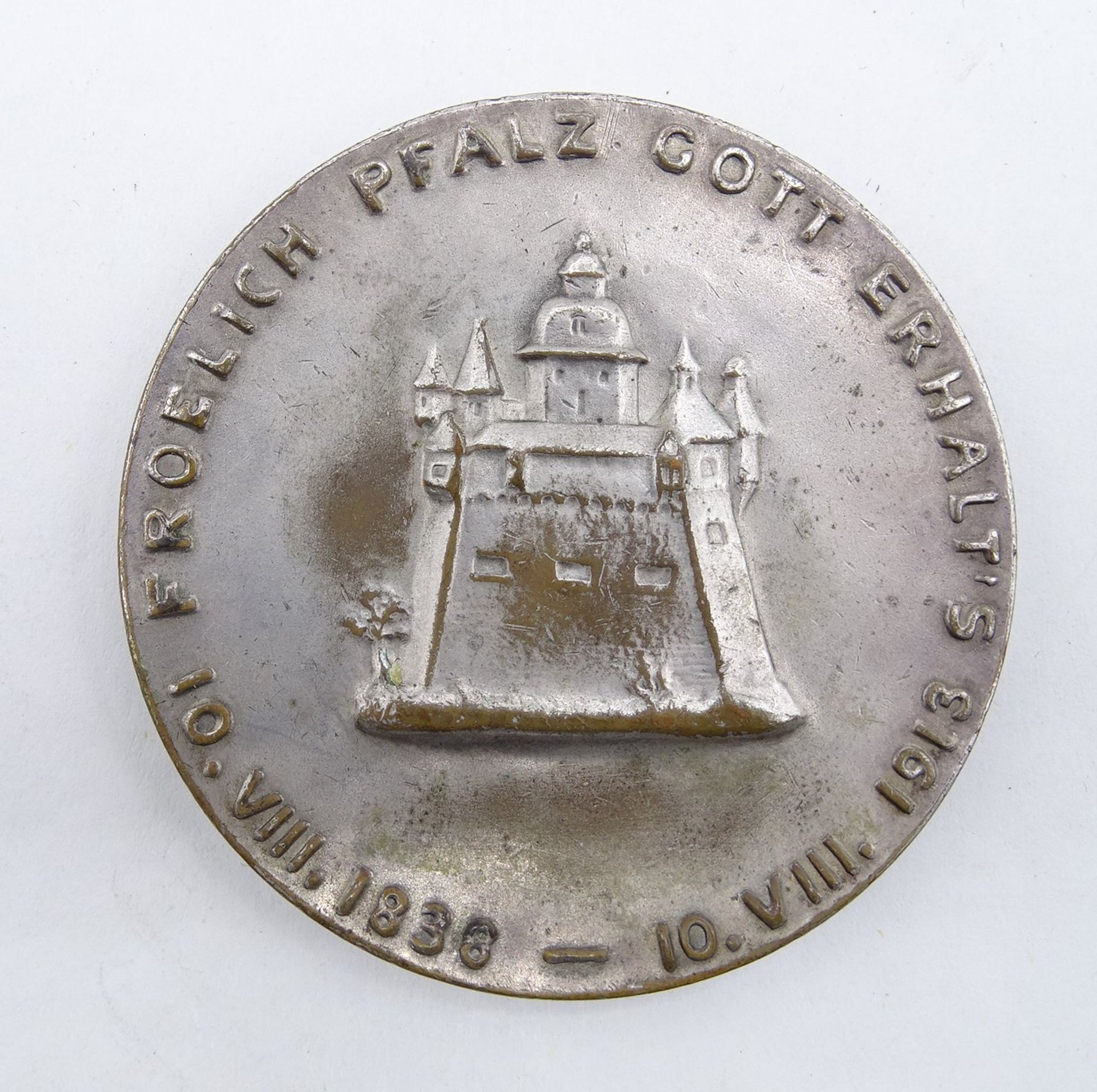 Medaille, Bronze versilbert?, "Fröhliche Pfalz, Gott erhalt´s" 1913, Ø 6 cm, Versilberung zum Teil