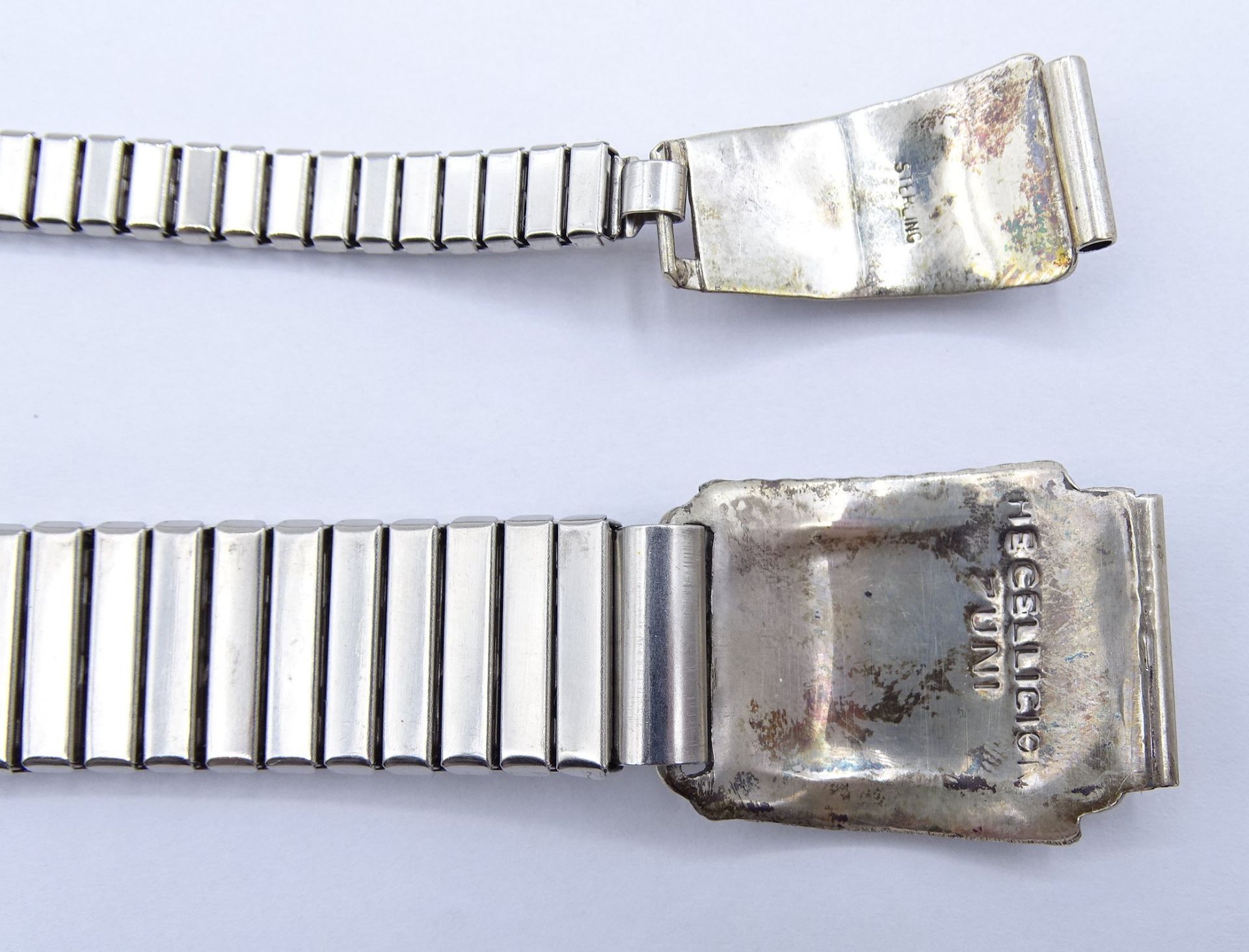 2 Uhrenbänder, Enden aus Silber mit Einlagen, L. 15 und 13,5 cm, zus. 40 gr. - Bild 4 aus 4