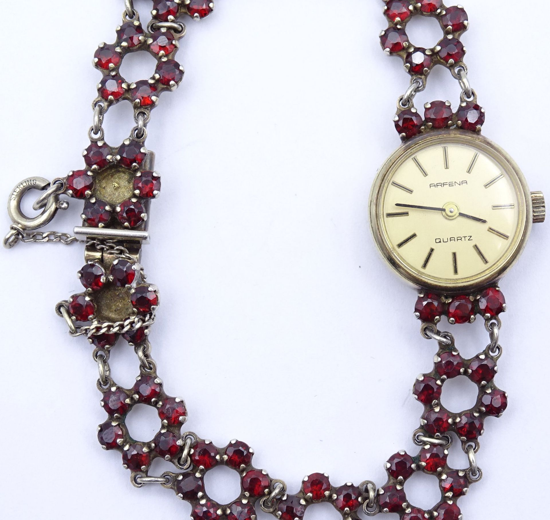 Damen Armbanduhr Arfena, Granat besatz, Vollsilber 0.925- vergoldet, Quartzwerk, D. 18mm, 18,6g. - Bild 2 aus 3
