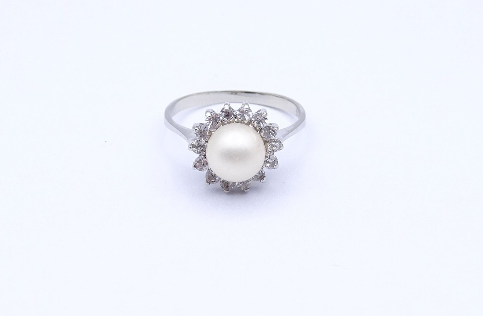 Perlen Ring WG 0.585 mit 14 rund facc. klaren Steinen, 2,4g., RG 54 - Bild 2 aus 4