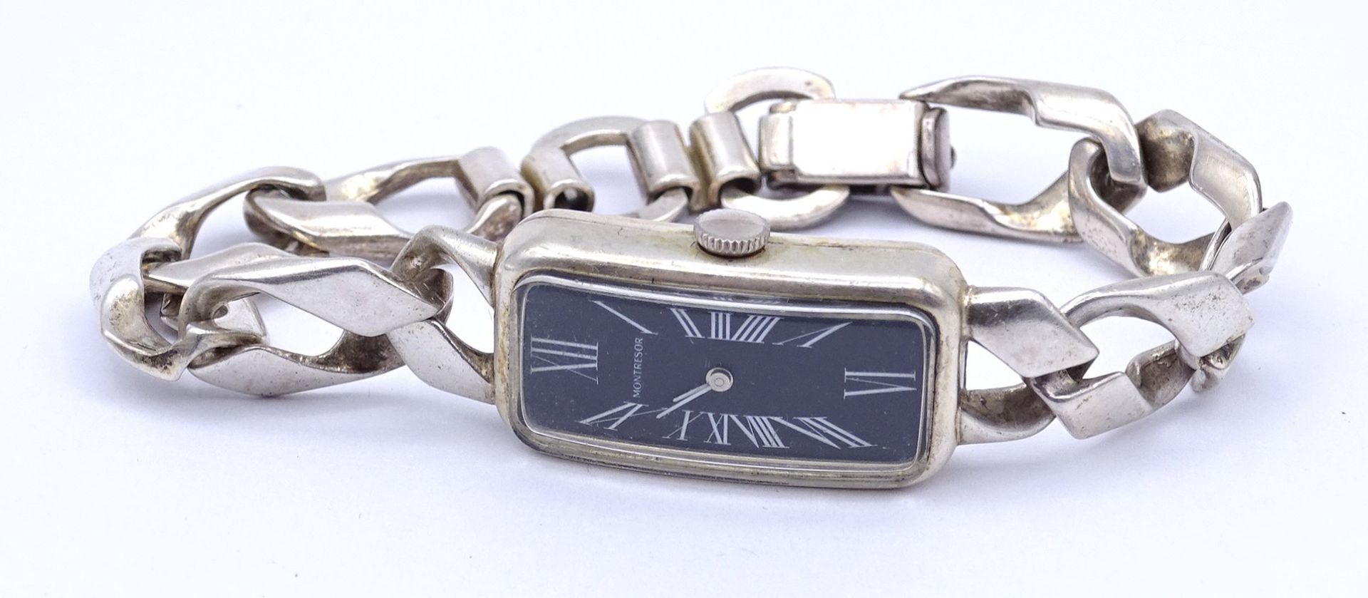 Damen Armbanduhr Montresor, Vollsilber 835 / 925, mechanisch, Werk läuft, Gehäuse 15x30mm, ges. Gew - Bild 2 aus 5