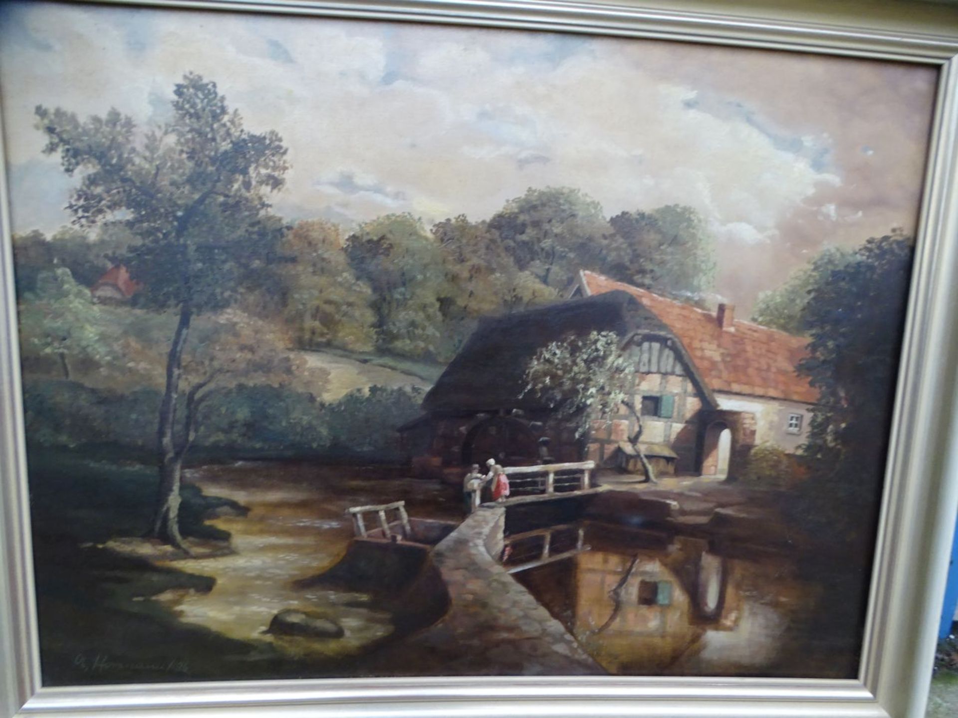 A.Hormann, Bremen, 1936 "Wassermühle" nach Achenbach, Öl/Leinen, gerahmt, RG 70x90 cm - Bild 2 aus 6