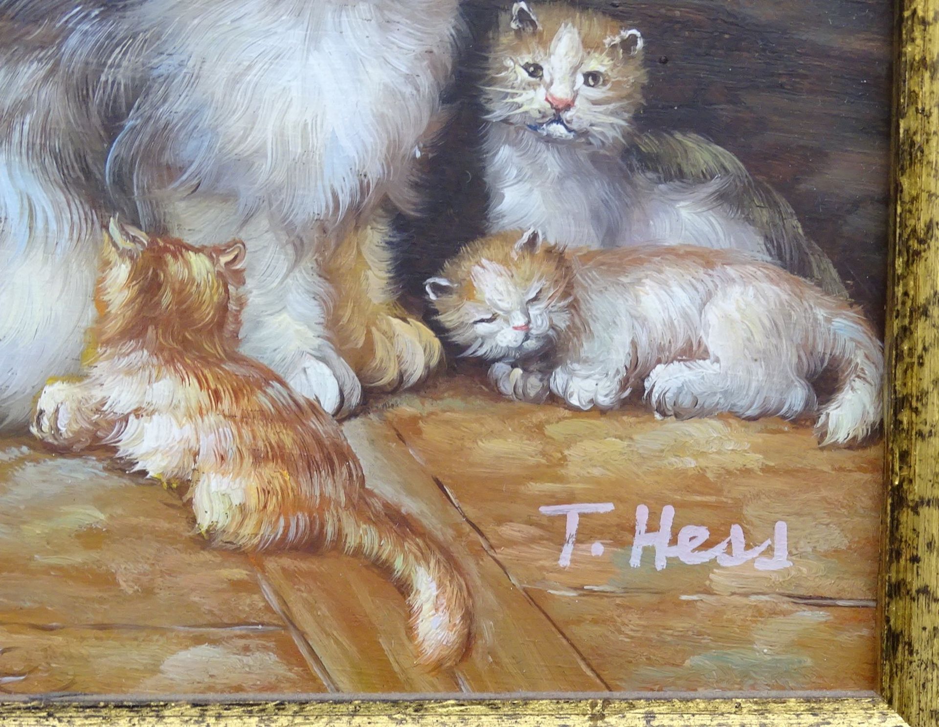 T.Hess "Katzenfamilie" Öl/Holz, gerahmt, RG 22x27 cm - Bild 3 aus 4