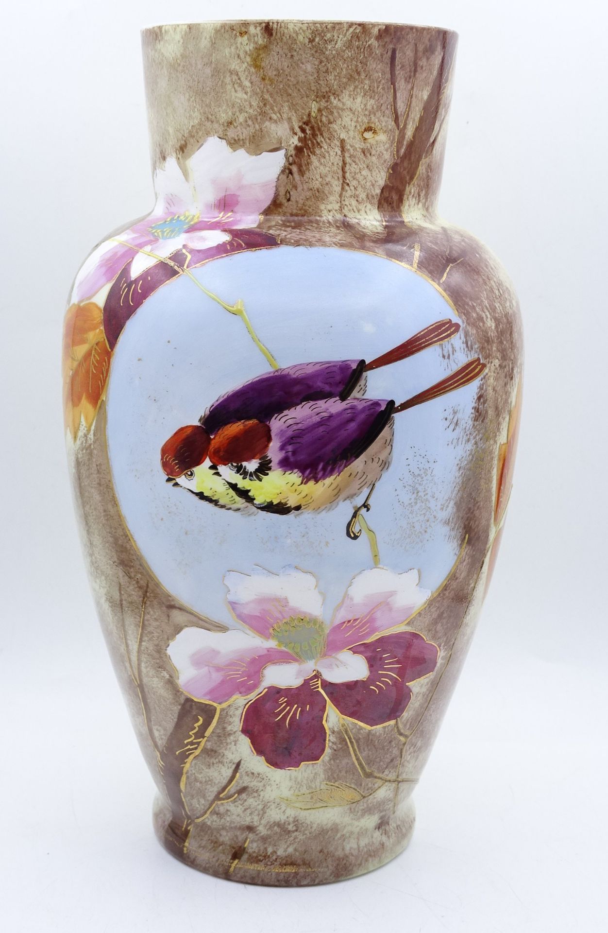 Biedermeier Glas Vase, bemalt, H. 28,0cm