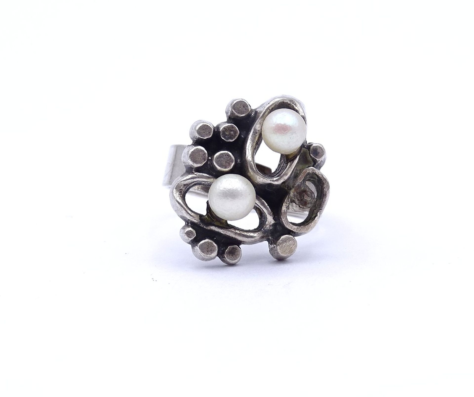 835er Silber Ring mit 2 Perlen, offene Ringschiene, 7,2g.,