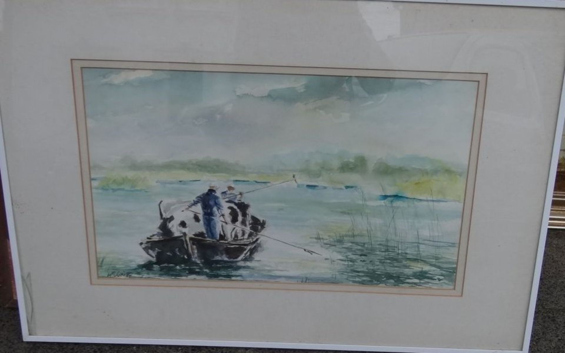 W.Mulder, 87 "Kühe in Boot" Aquarell, ger/Glas, eine Ecke Glas gesprungen, RG 52x76 cm