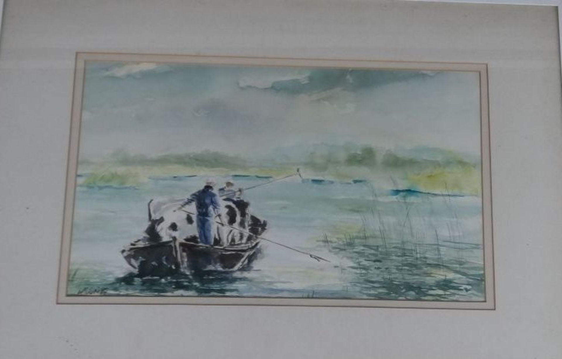 W.Mulder, 87 "Kühe in Boot" Aquarell, ger/Glas, eine Ecke Glas gesprungen, RG 52x76 cm - Bild 3 aus 7