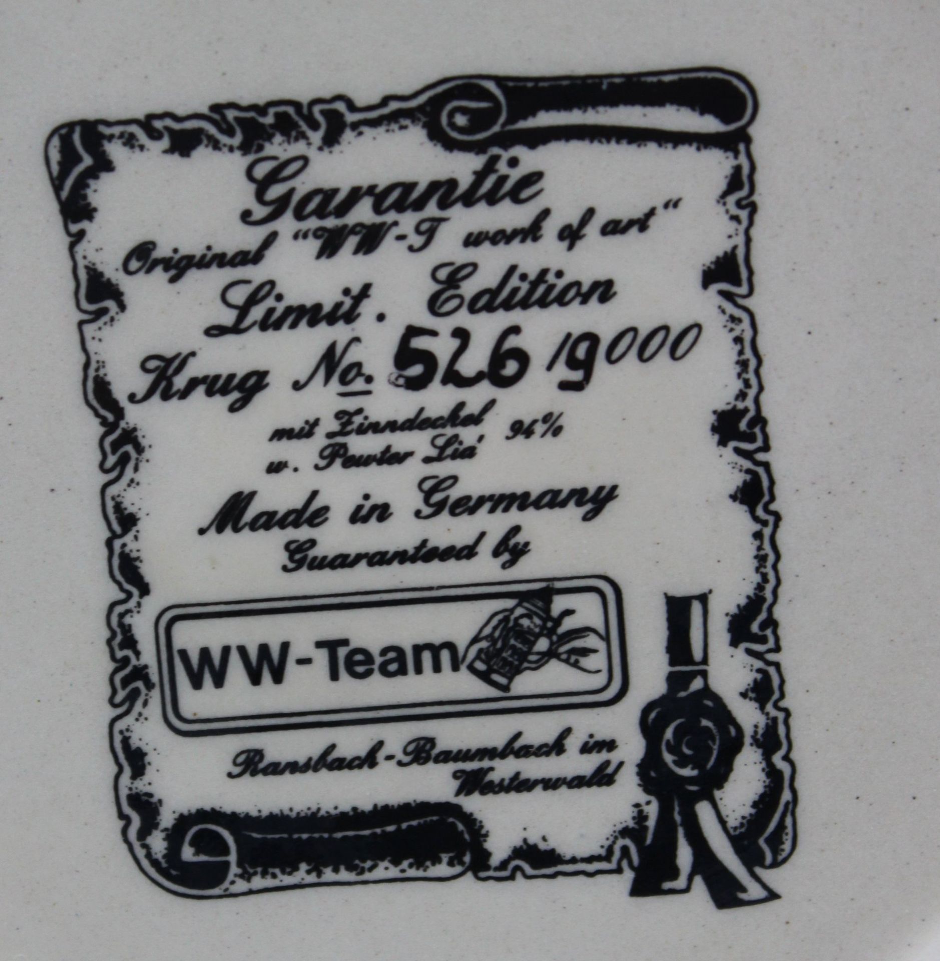limit. Bierkrug, WW-Team, Nr. 526/9000, Westerwald, 20. Jhd., 2x Abplatzer, H-30cm. - Bild 6 aus 6