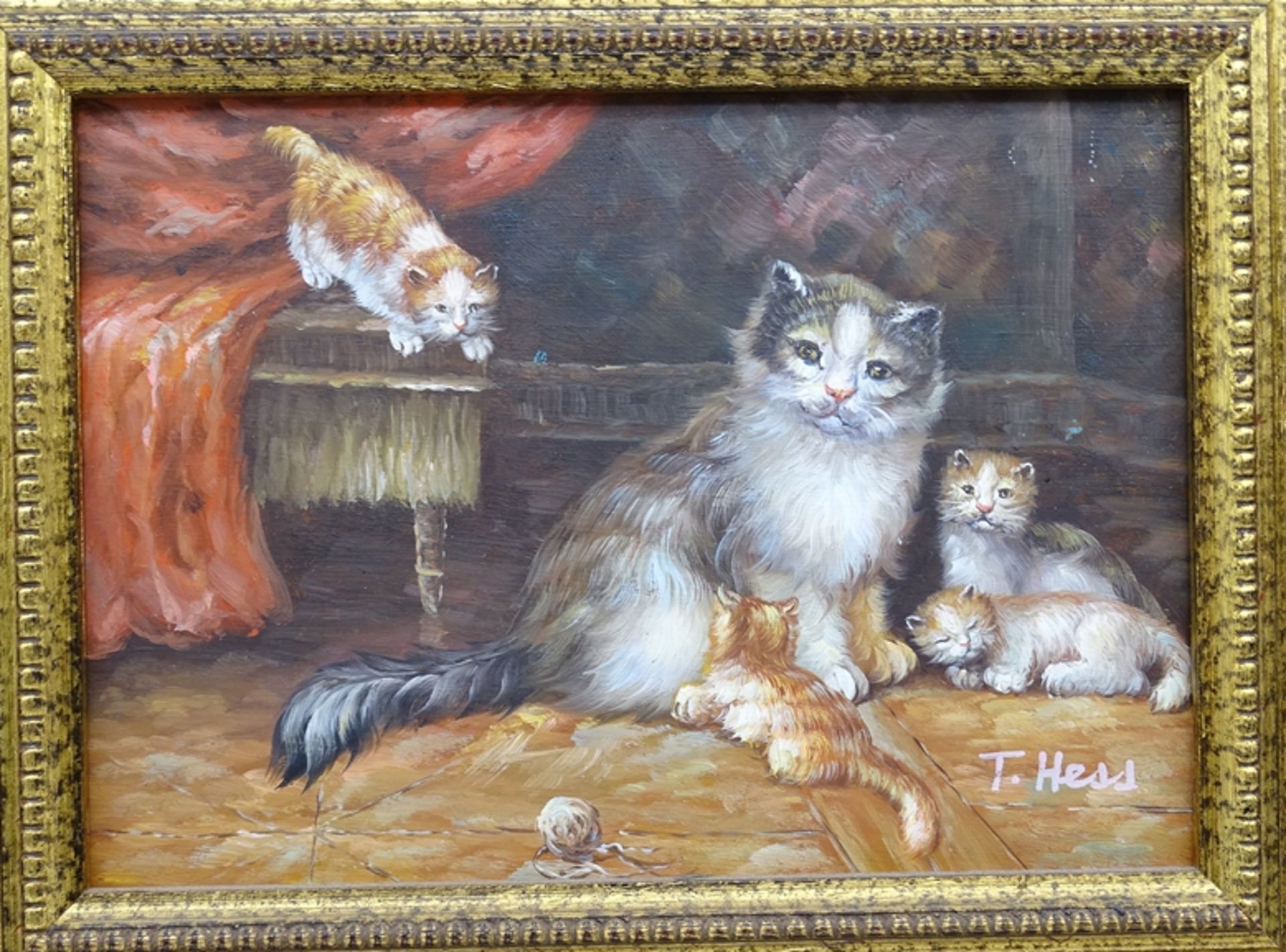 T.Hess "Katzenfamilie" Öl/Holz, gerahmt, RG 22x27 cm - Bild 2 aus 4