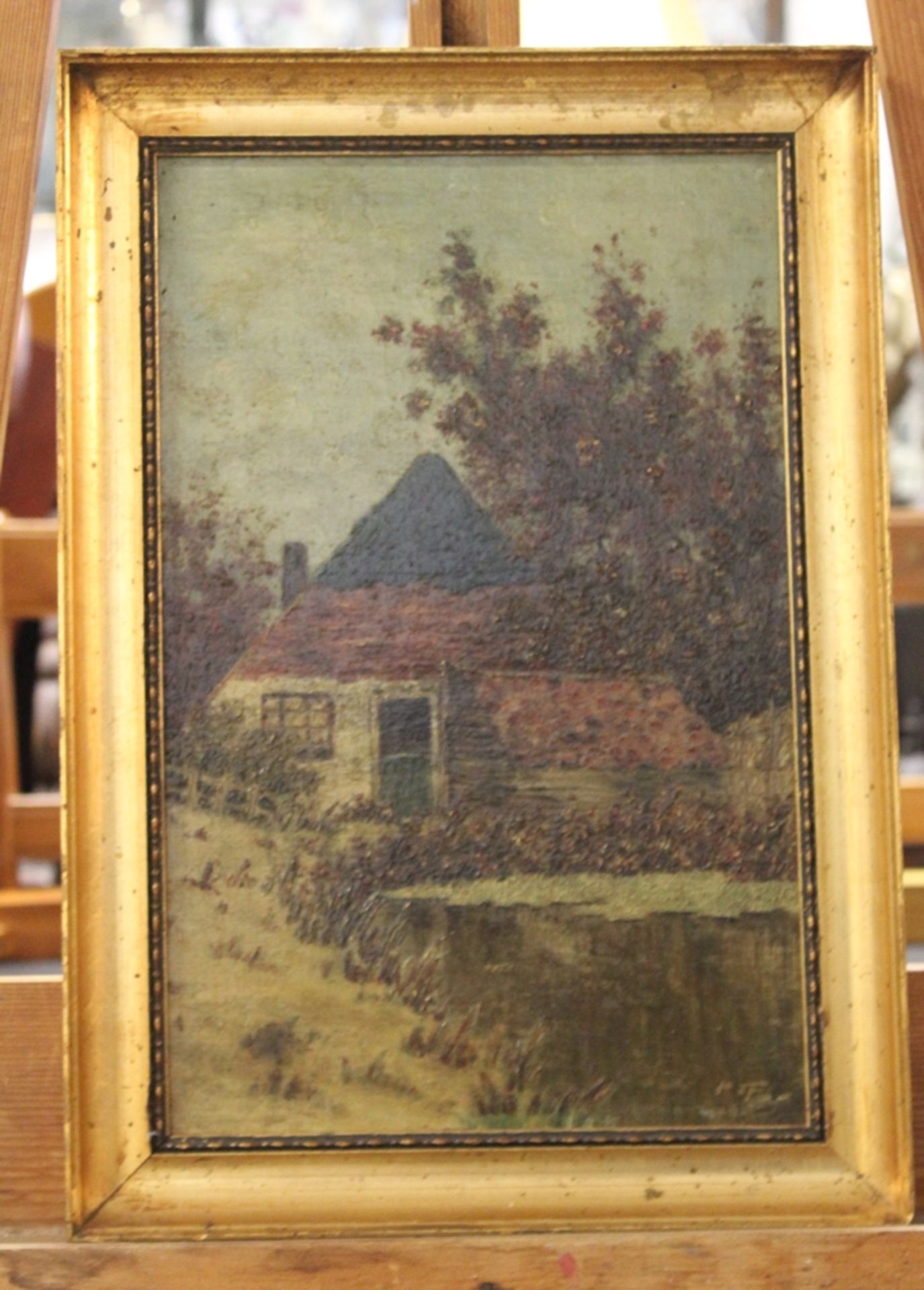 Bauernhaus  am Teich, verso Etikett Spee, Pieter(Caspar), Öl/Holz, gerahmt, RG 43,5 x 30,5cm. - Bild 2 aus 5
