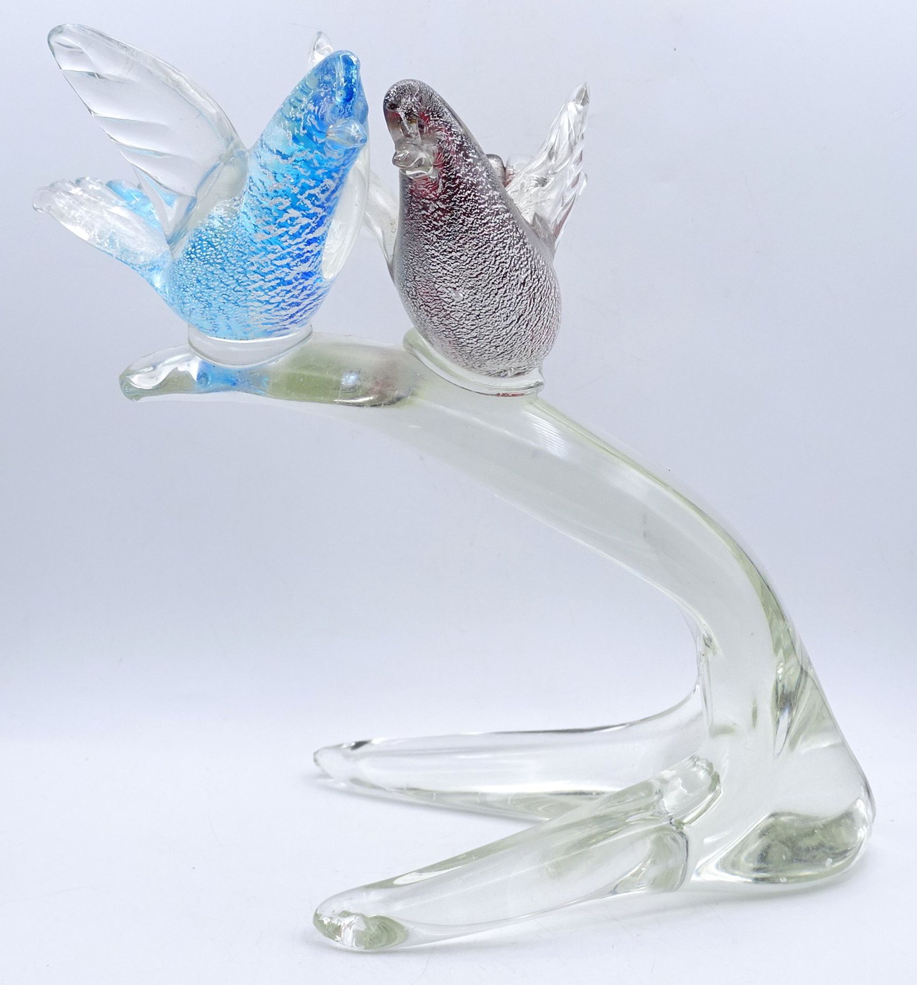 2 Vögel auf Ast, Murano Glas, blau / rot, H. 25cm, L. 25,0cm