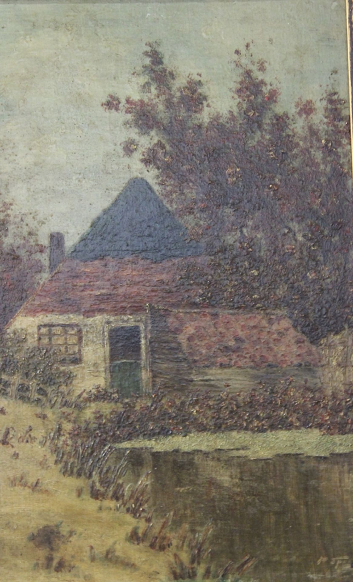Bauernhaus  am Teich, verso Etikett Spee, Pieter(Caspar), Öl/Holz, gerahmt, RG 43,5 x 30,5cm.