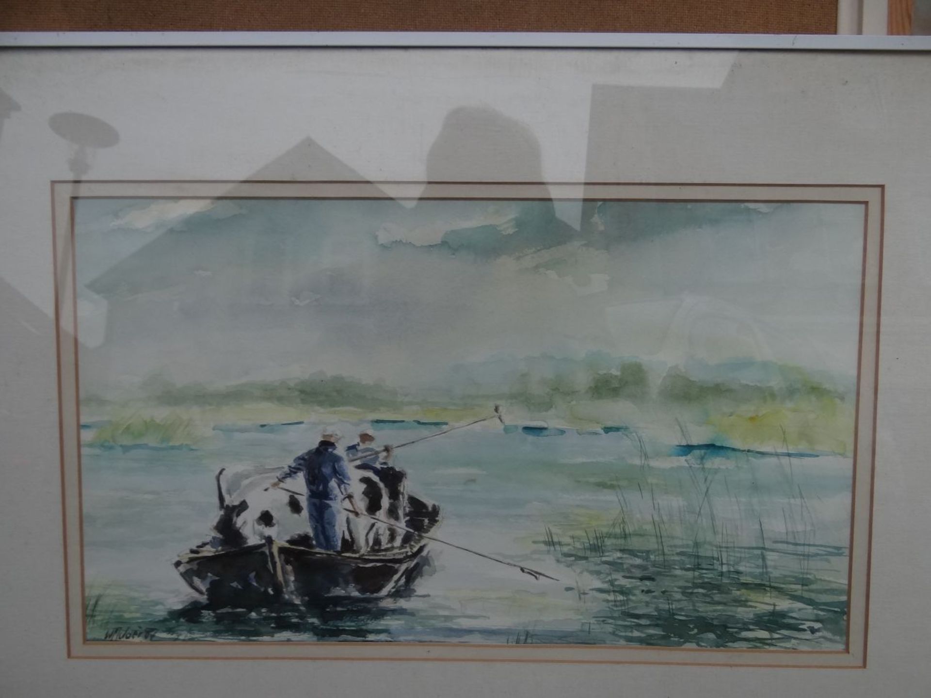 W.Mulder, 87 "Kühe in Boot" Aquarell, ger/Glas, eine Ecke Glas gesprungen, RG 52x76 cm - Bild 2 aus 7