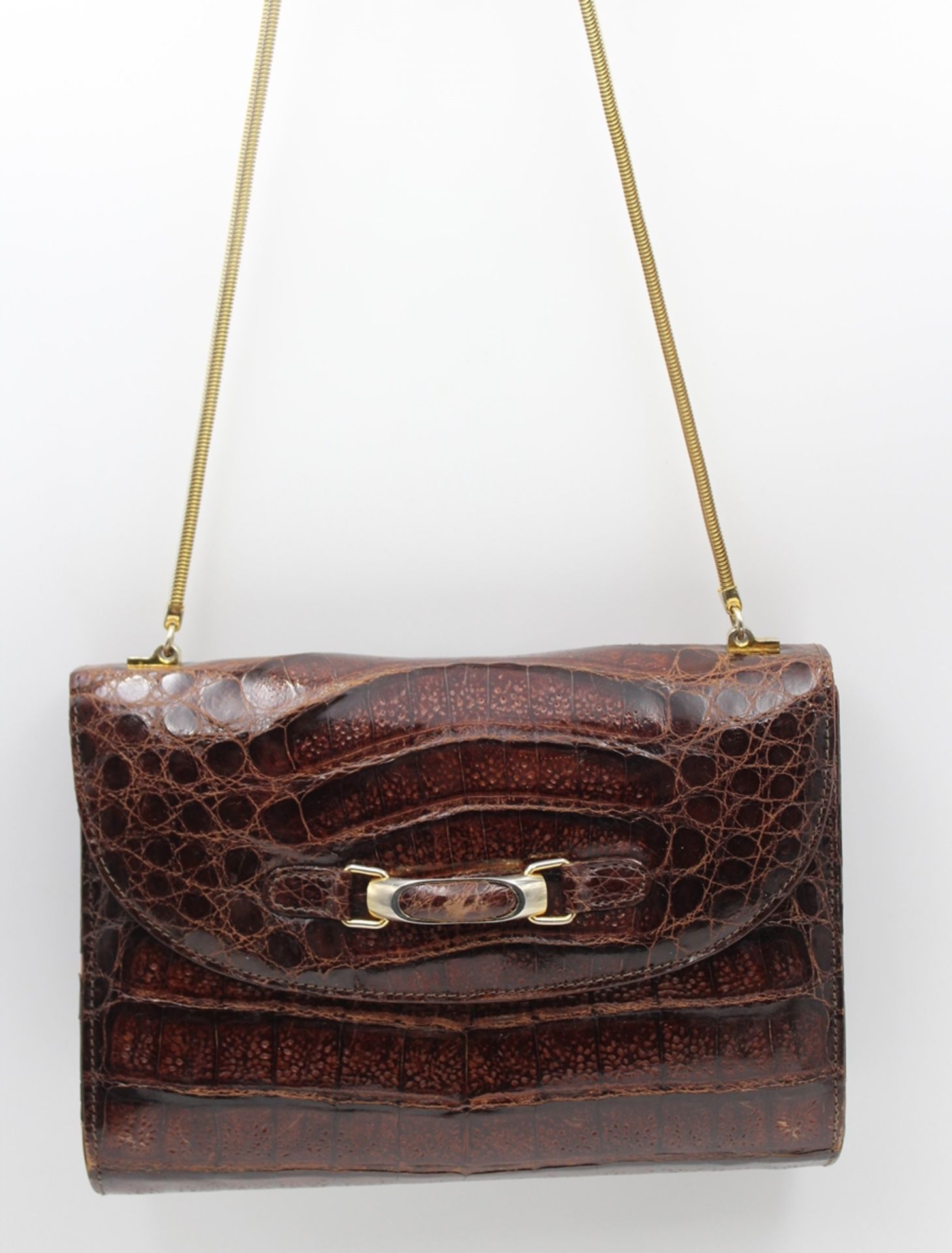 Damenhandtasche, Krokoleder, getragene Erhaltung, ca. 16 x 22cm.