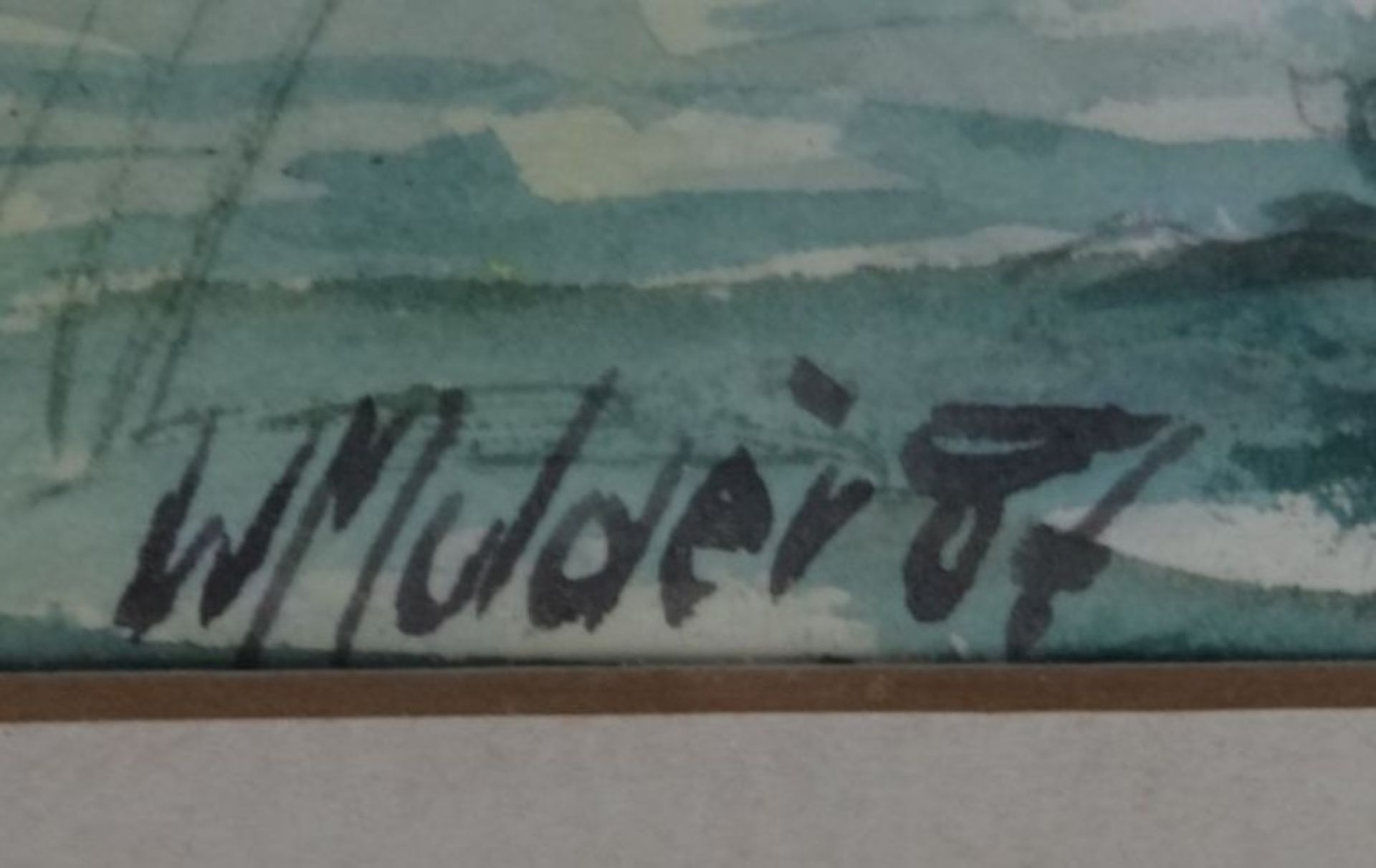 W.Mulder, 87 "Kühe in Boot" Aquarell, ger/Glas, eine Ecke Glas gesprungen, RG 52x76 cm - Bild 6 aus 7