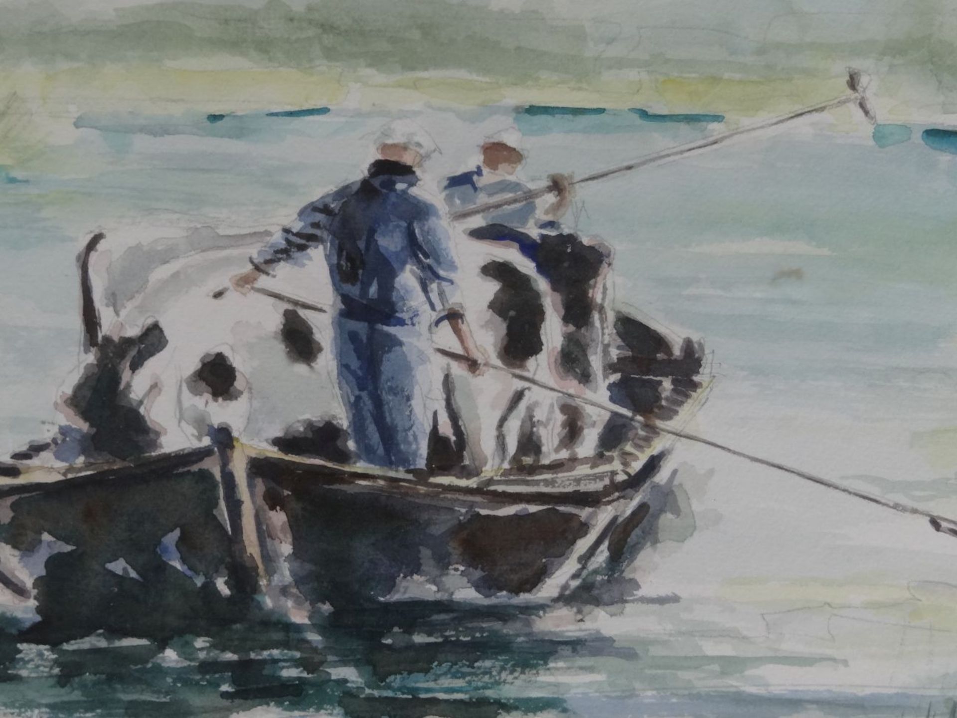 W.Mulder, 87 "Kühe in Boot" Aquarell, ger/Glas, eine Ecke Glas gesprungen, RG 52x76 cm - Bild 5 aus 7