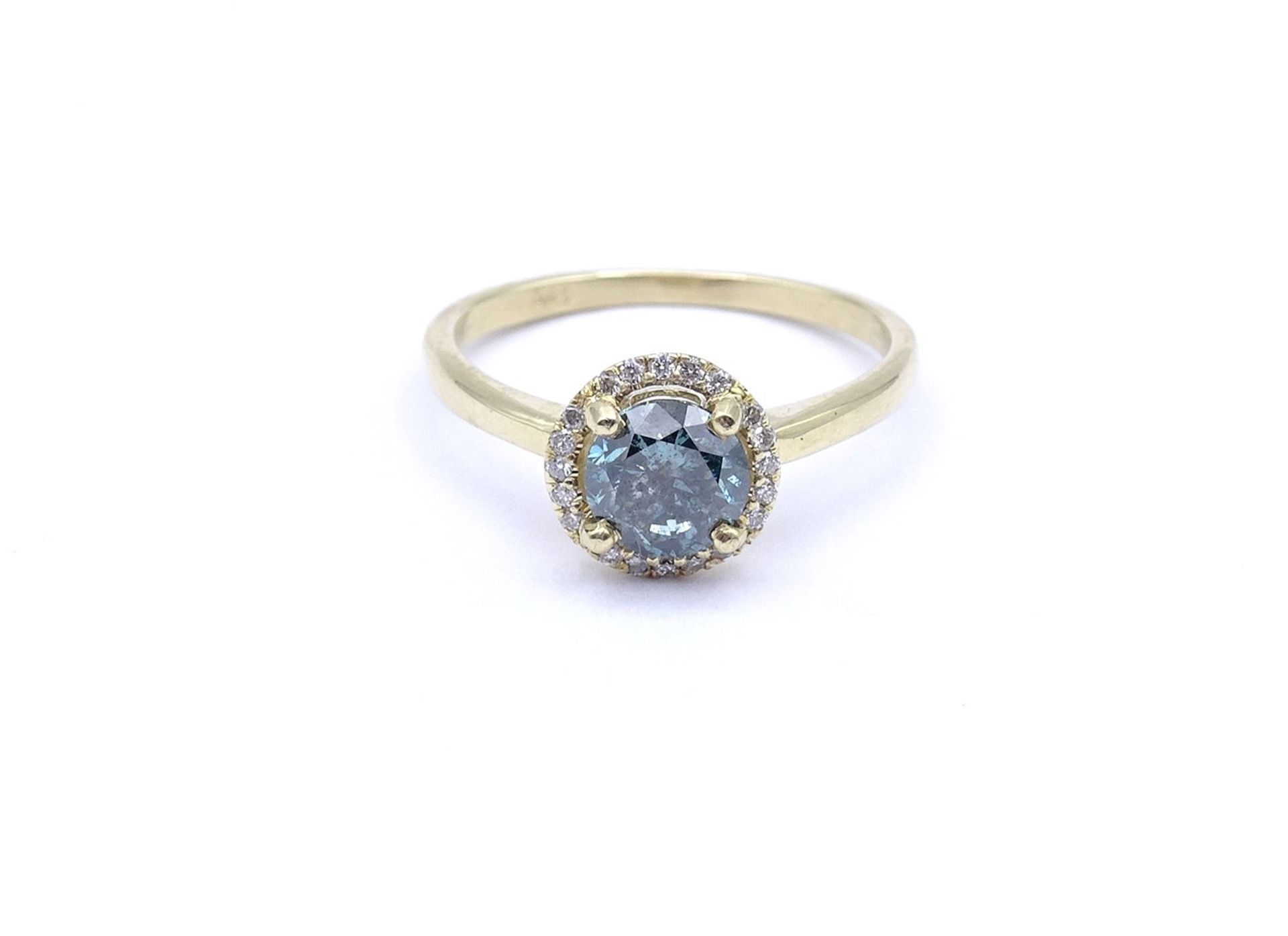 Goldring 0.585 GG mit Fancy Blue Brillant ca. 0,95ct., umringt von Diamanten zus. ca. 0,10ct., RG 5 - Bild 2 aus 4