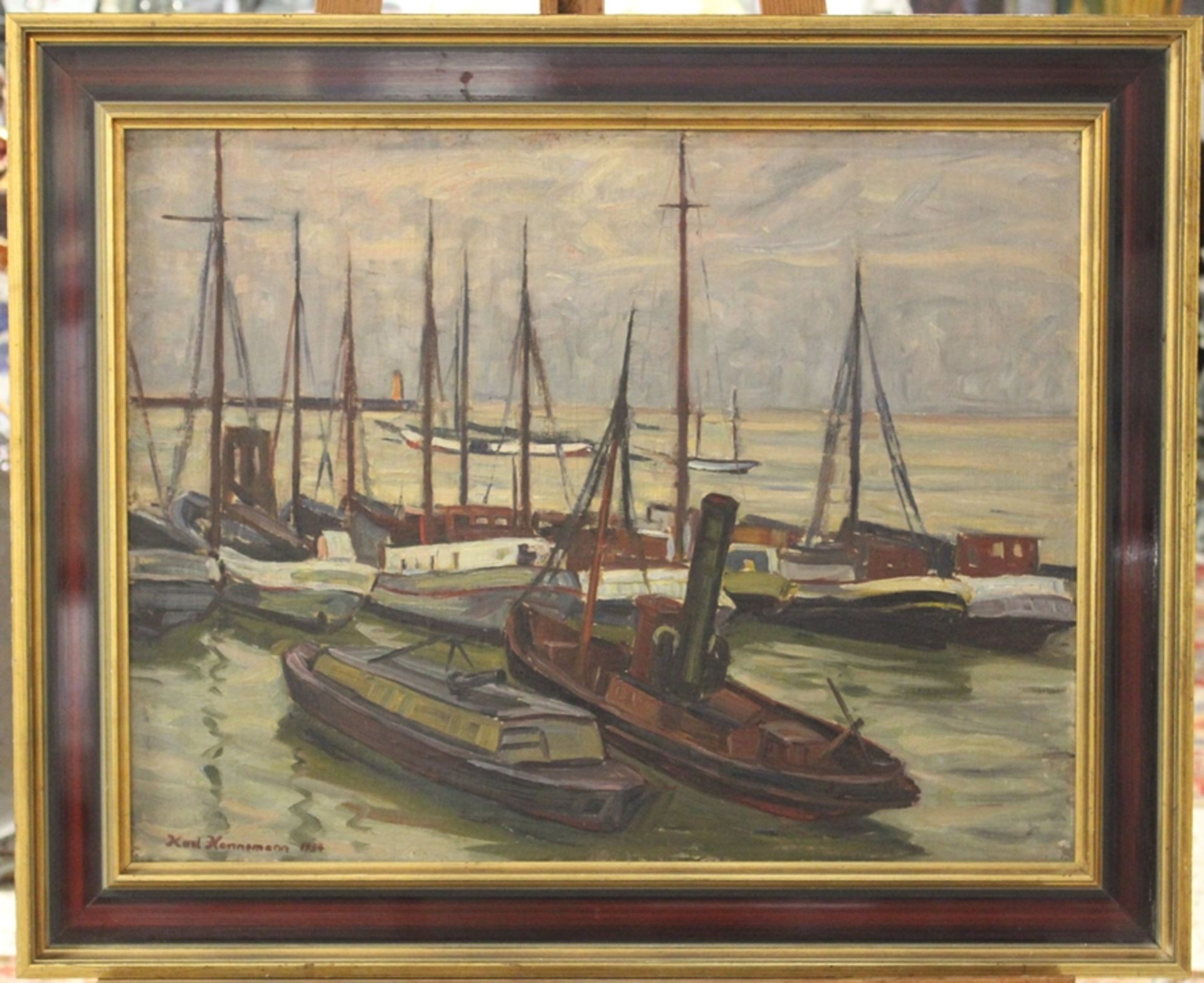 Karl HENNEMANN (1884-1972), Alter Hafen, Cuxhaven, datiert 1934, Öl/Hartfaser, gut gerahmt, RG 64,5 - Bild 3 aus 6