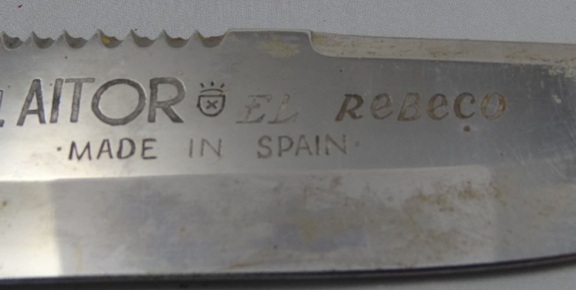 altes Jagdmesser "Aitor" Spain, Lederscheide, Holzgriff, Gebrauchsspuren, L-31,5 cm - Bild 5 aus 6