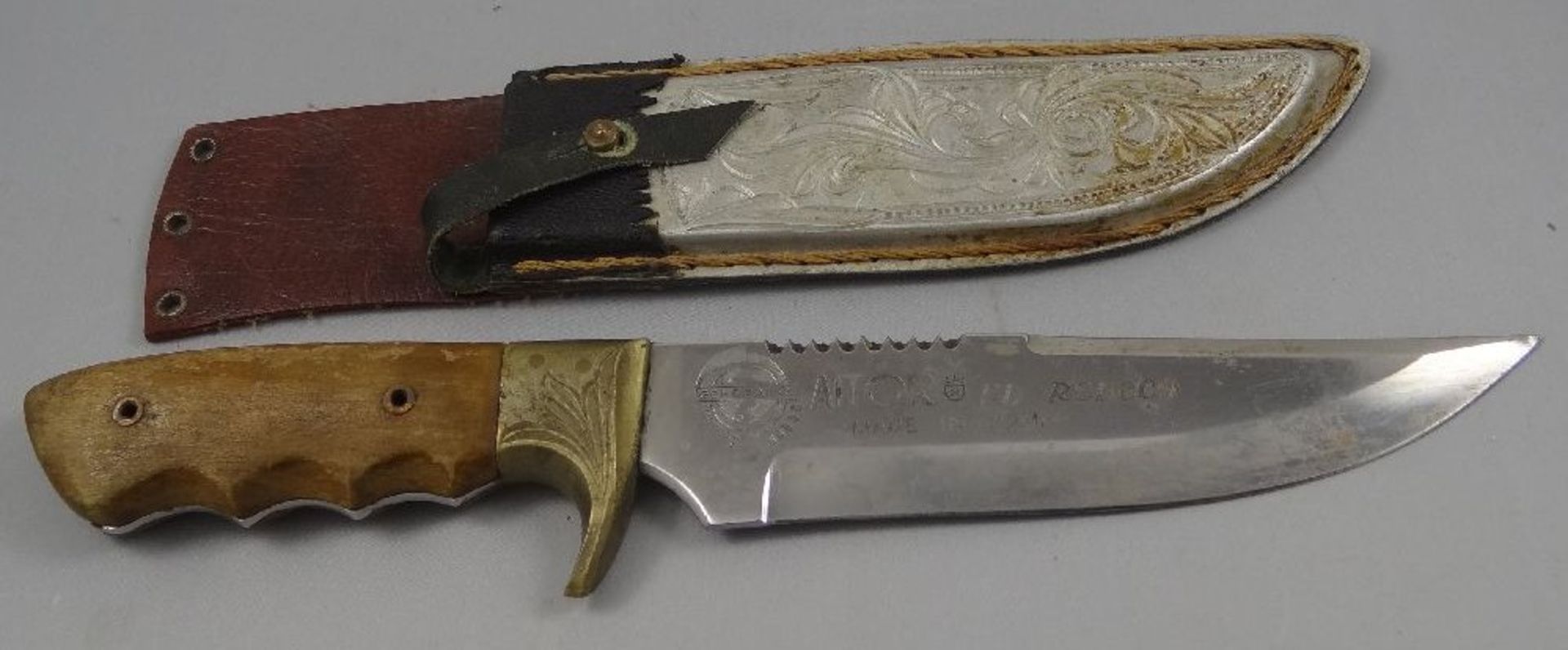 altes Jagdmesser "Aitor" Spain, Lederscheide, Holzgriff, Gebrauchsspuren, L-31,5 cm - Bild 3 aus 6