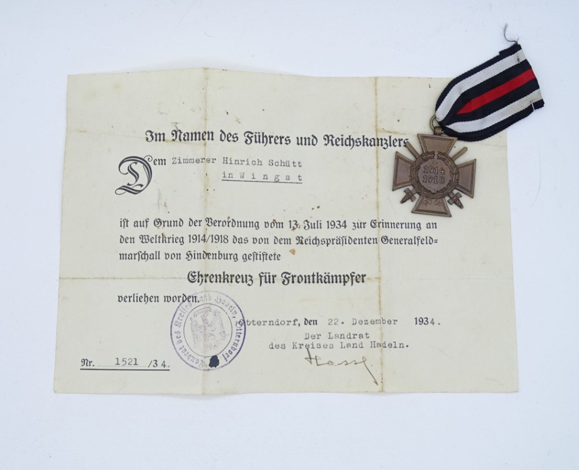 Kriegsverdienstkreuz 1914 1918, Rückseite "R.V.13 Pforzheim" mit Verleihungsurkunde Otterndorf, 22.