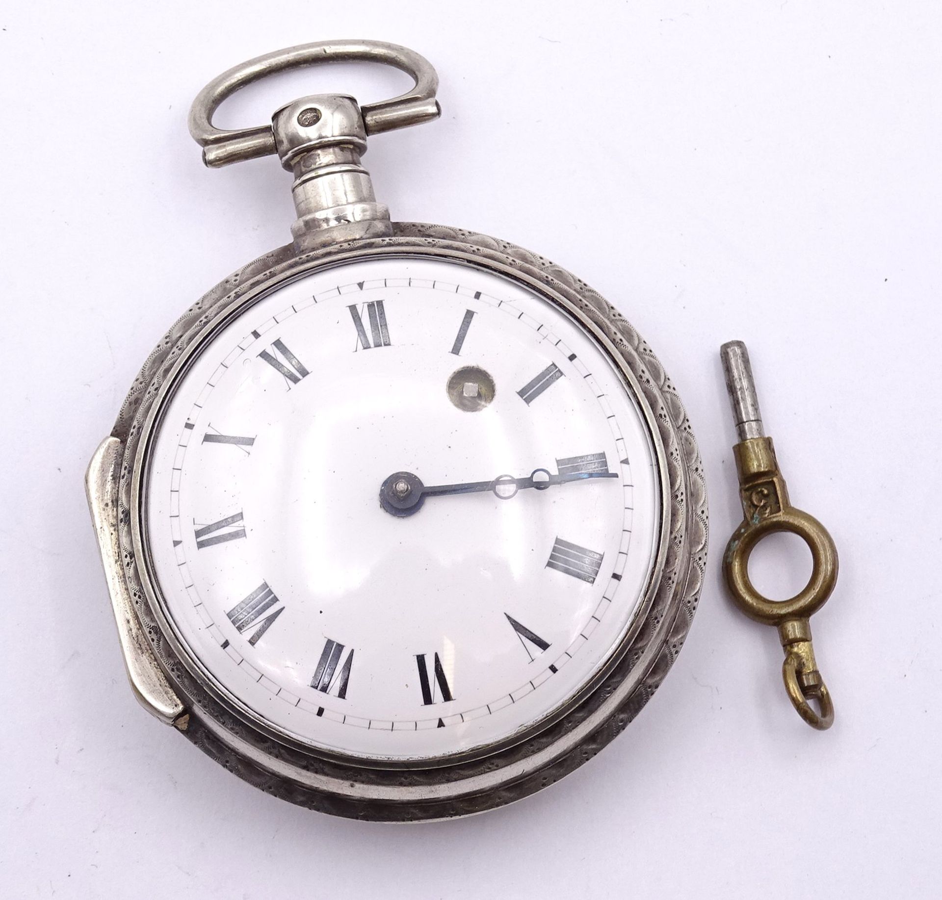 Alte Spindeltaschenuhr, Silbergehäuse, Schlüsselwerk, Werk steht, voll aufgezogen, D. 55mm