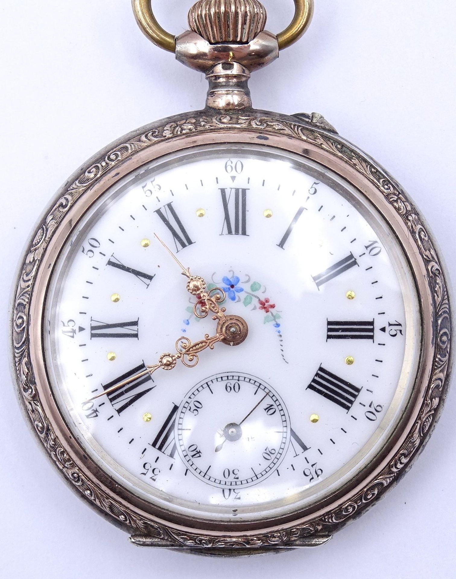 Herren Taschenuhr mit Blumen Emaille auf Zifferblatt, Silbergehäuse 0.800, D. 47mm, mechanisch, Wer - Image 2 of 5